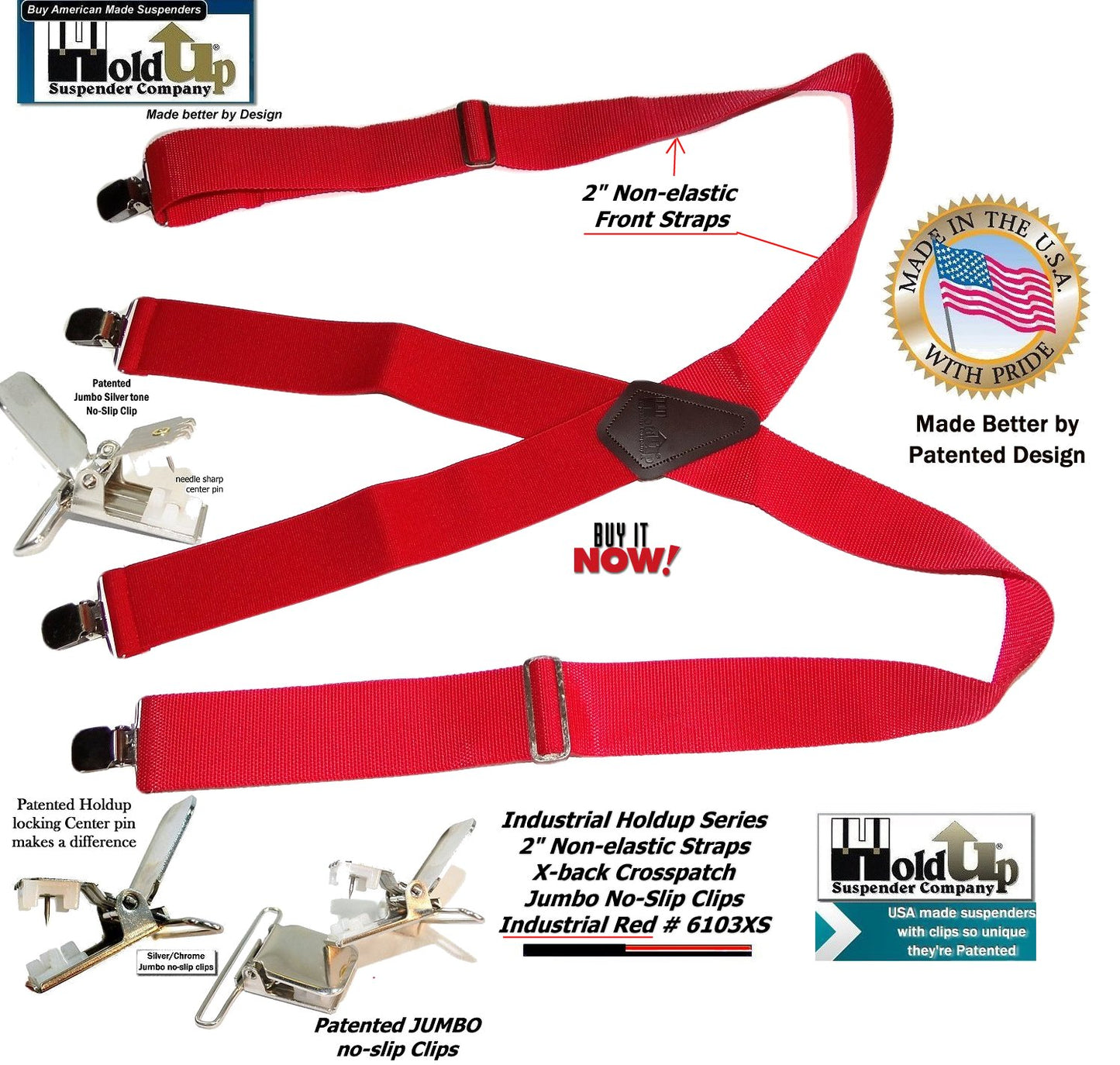 Red Industrial Series 2" Wide Holdup Work Suspenders with Jumbo Silver-tone No-slip clips