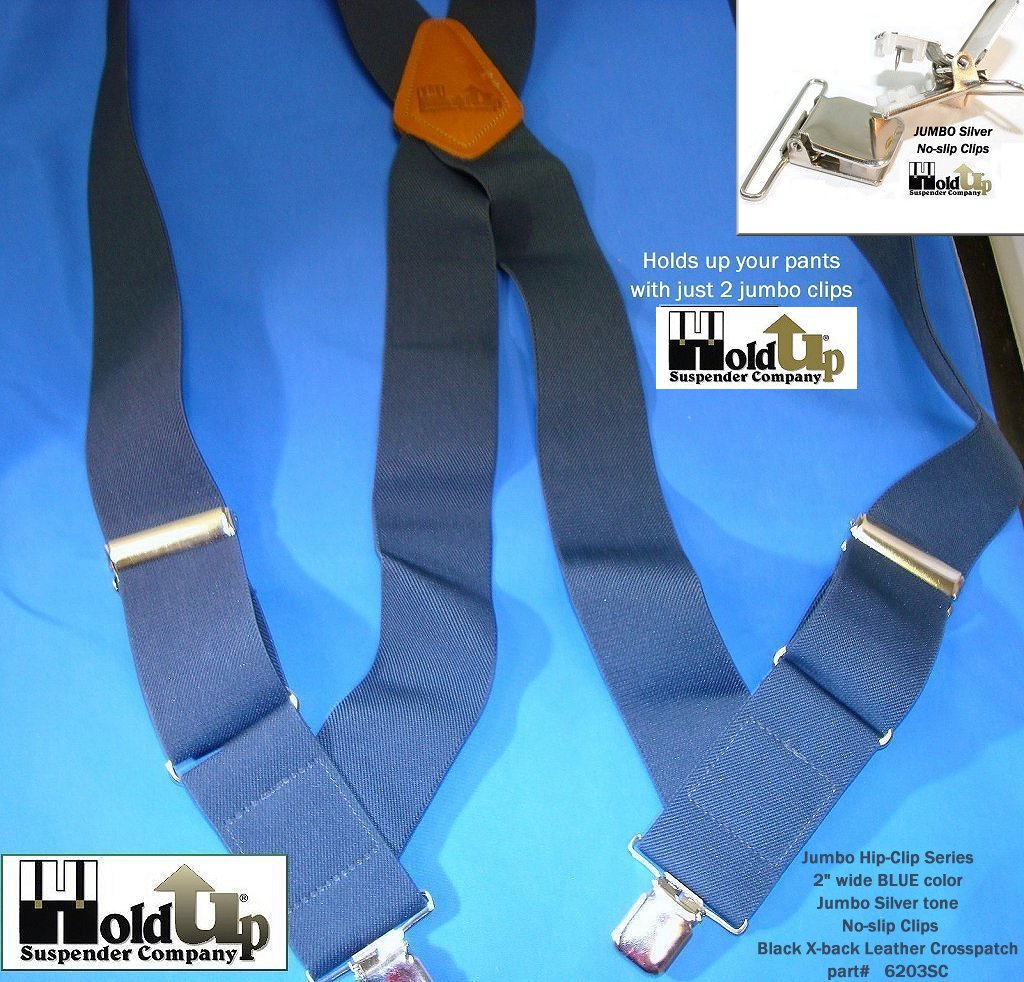 Navy Blue 2" Wide Hip-Clip Suspenders with Patented silver-tone no-slip jumbo clips