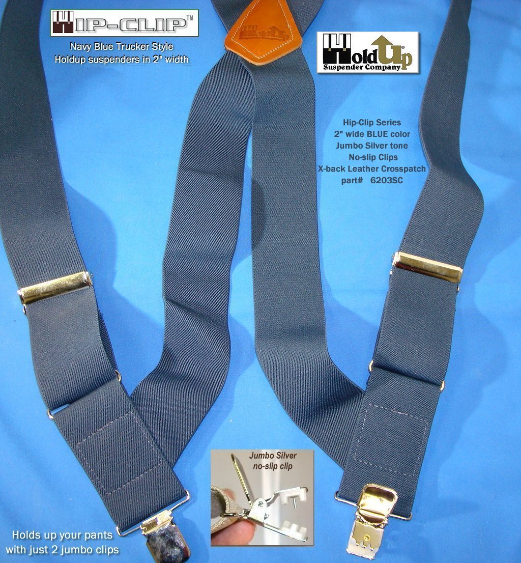 Navy Blue 2" Wide Hip-Clip Suspenders with Patented silver-tone no-slip jumbo clips