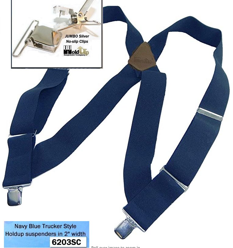 Navy Blue 2" Wide Hip-Clip Suspenders with Patented silver-tone no-slip jumbo clips