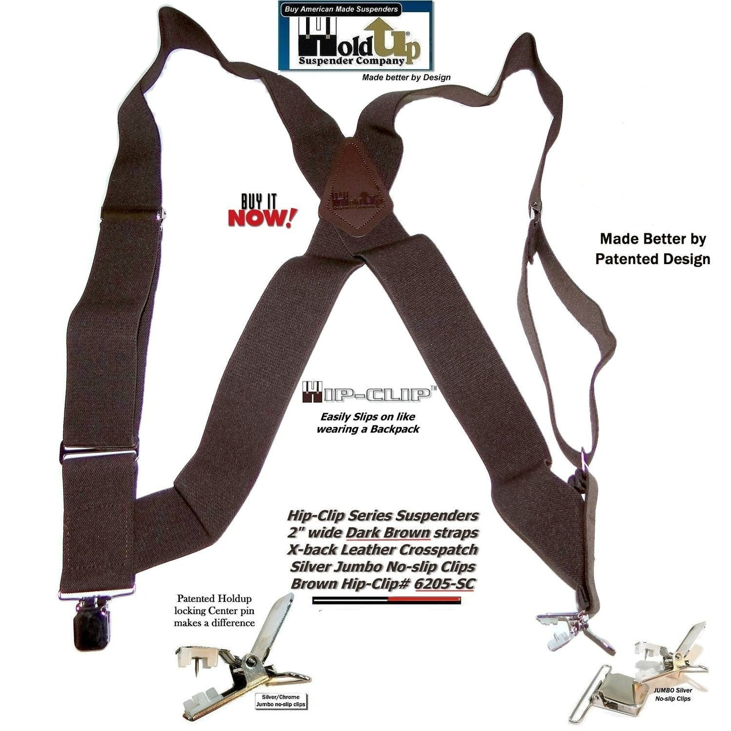 Holdup 2" wide Dark Brown Hip-clip Side Clip Suspenders with USA patented Jumbo No-slip Clips