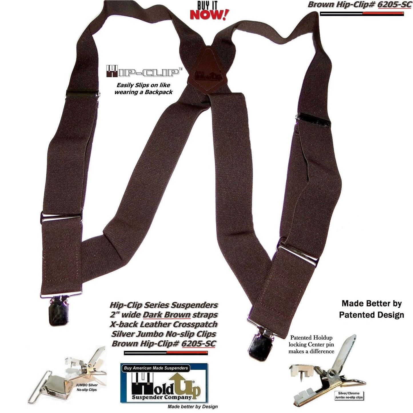 Holdup 2" wide Dark Brown Hip-clip Side Clip Suspenders with USA patented Jumbo No-slip Clips