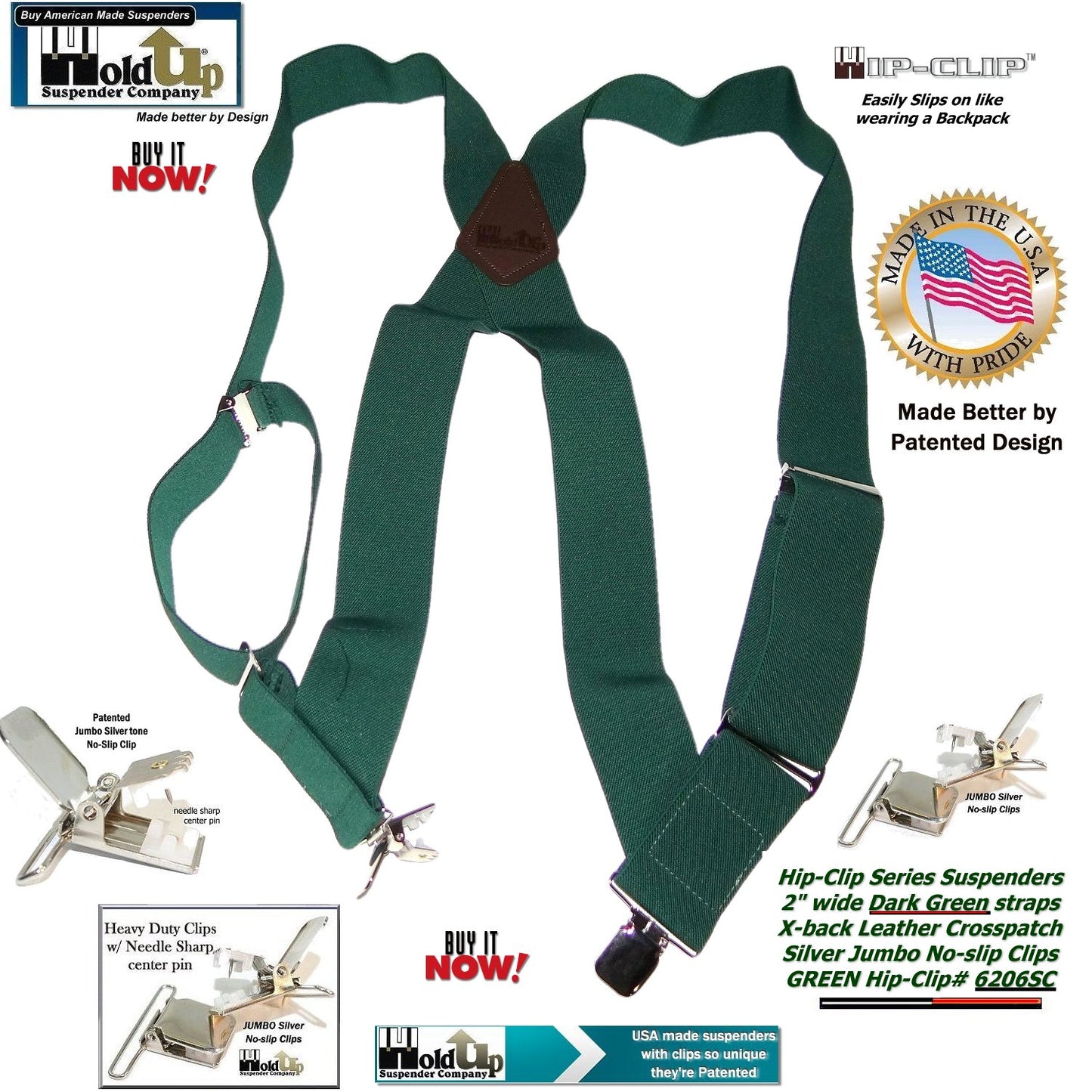 Holdup Brand Dark Green Hip-clip Side Clip Suspenders With Jumbo No-slip Clips