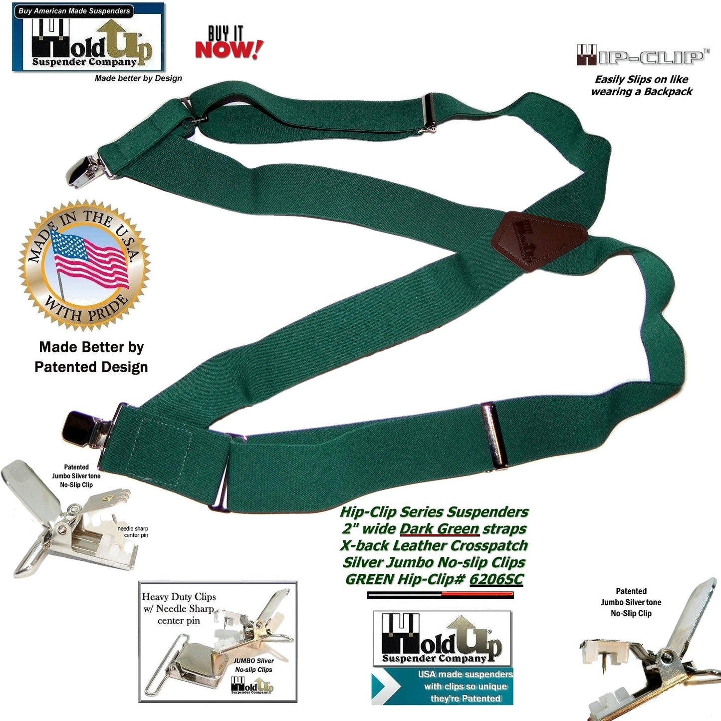 Holdup Brand Dark Green Hip-clip Side Clip Suspenders With Jumbo No-slip Clips