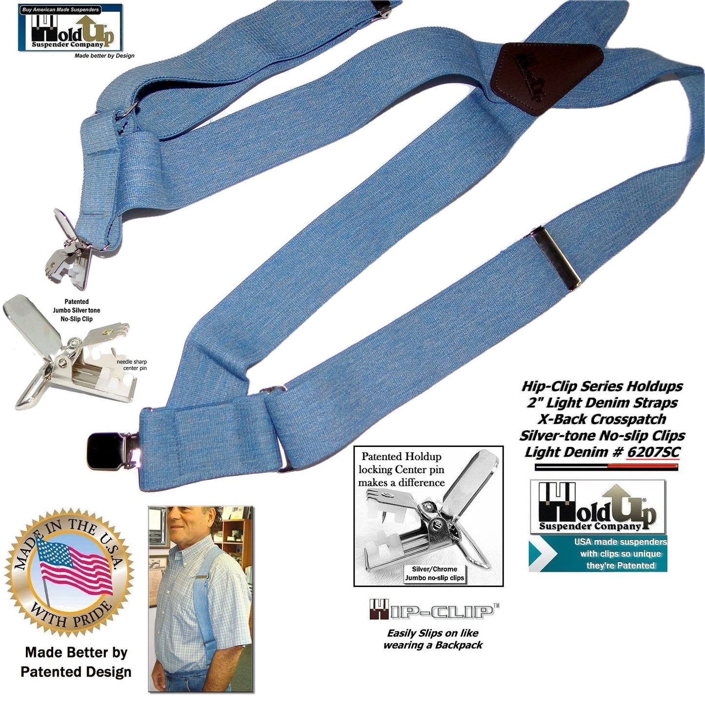 Holdup Brand Light Blue Denim Trucker Style 2" Wide Hipclip Suspenders with Patented Jumbo No-slip Clips