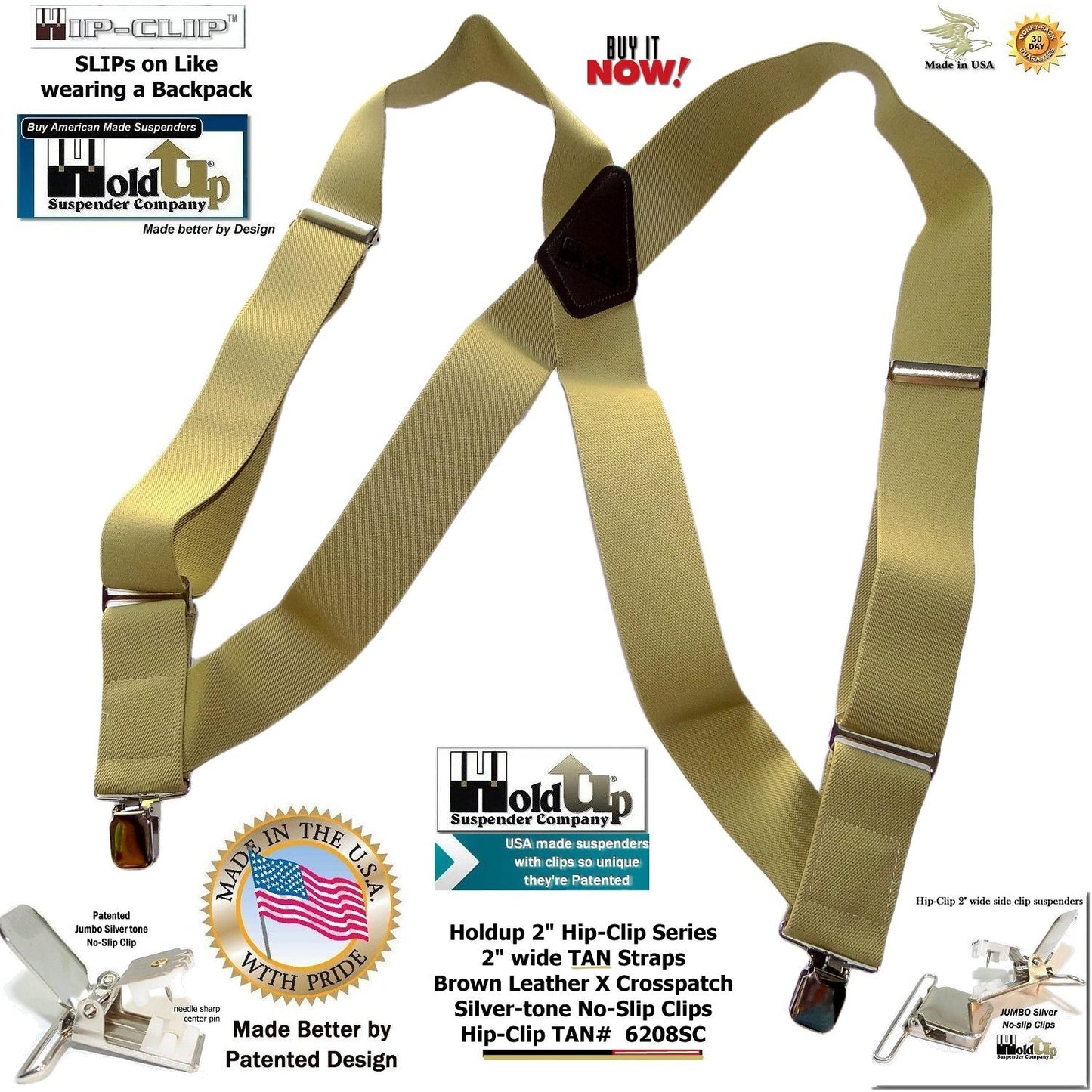 Holdup Brand Light TAN Trucker Style 2" Wide Hip-Clip Suspenders with jumbo Patented No-slip Clips