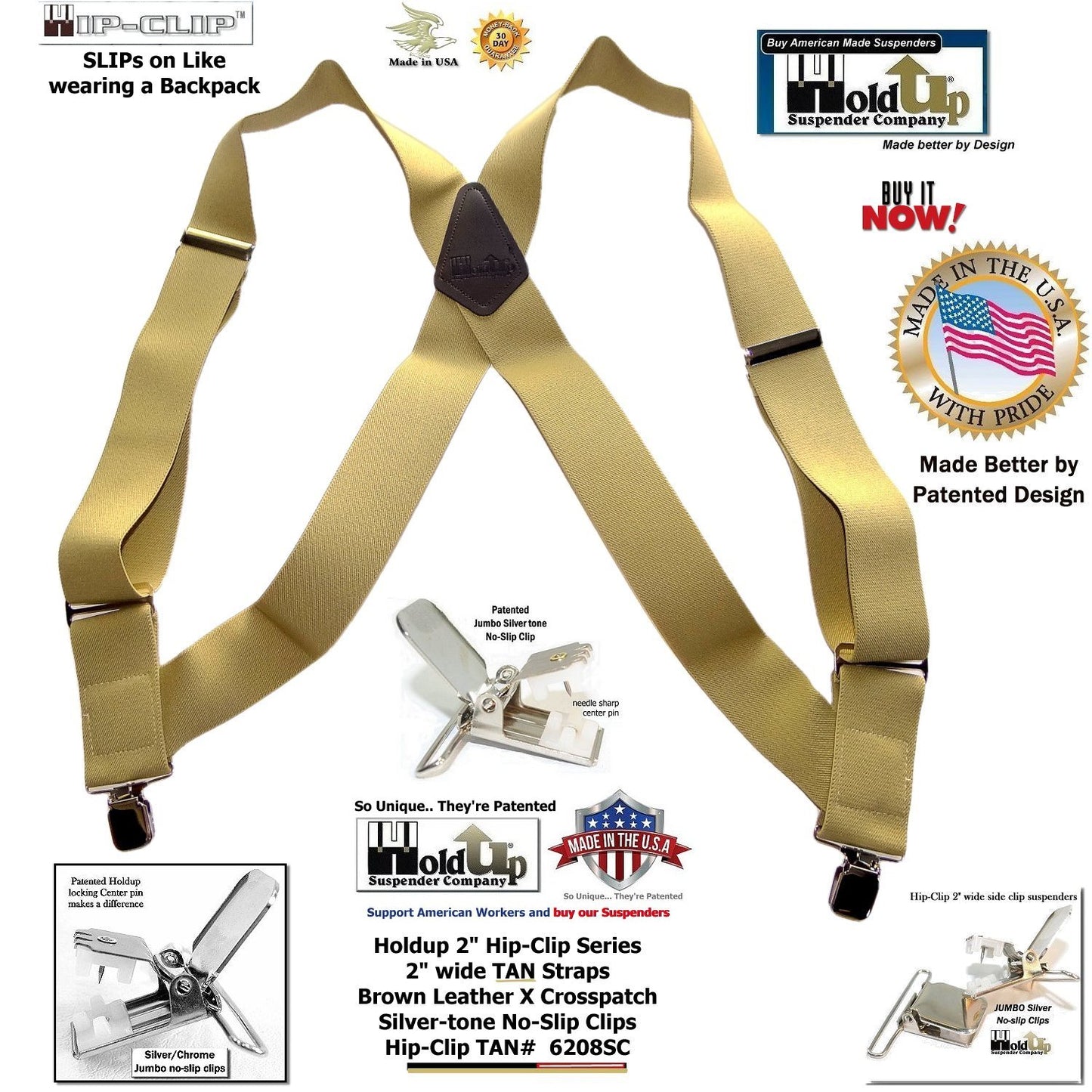 Holdup Brand Light TAN Trucker Style 2" Wide Hip-Clip Suspenders with jumbo Patented No-slip Clips