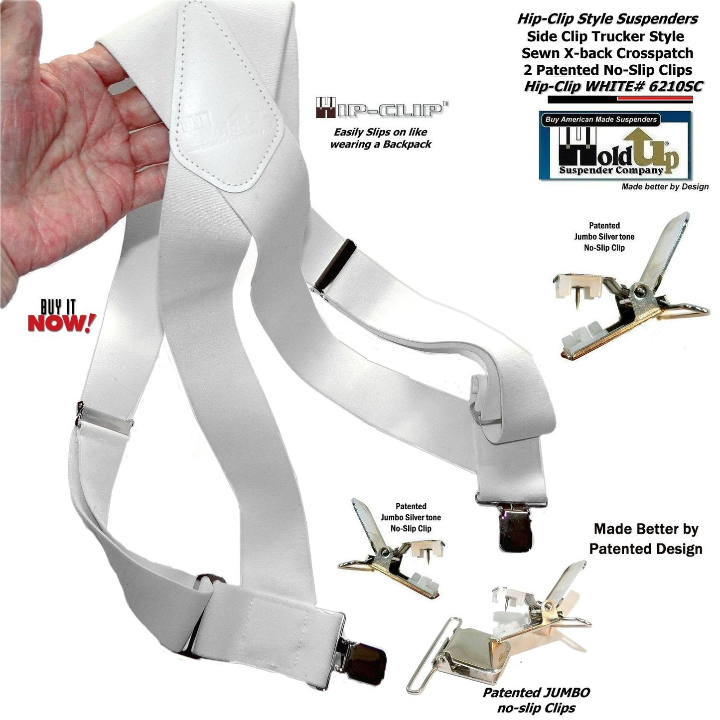 Holdup Brand All White 2" Wide Hip-Clip Suspenders with USA Patented Jumbo Silver No-slip Clips