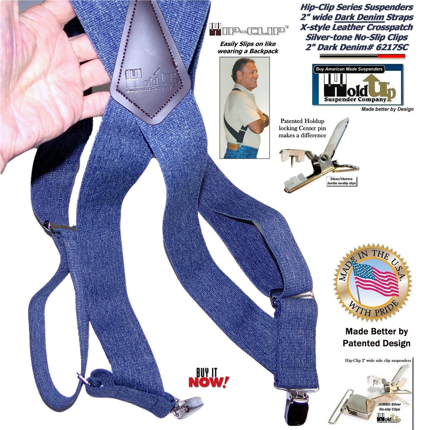 HoldUp Brand Dark Denim Trucker Style Hip-clip Suspenders with Patented Silver tone Jumbo No-slip Clips