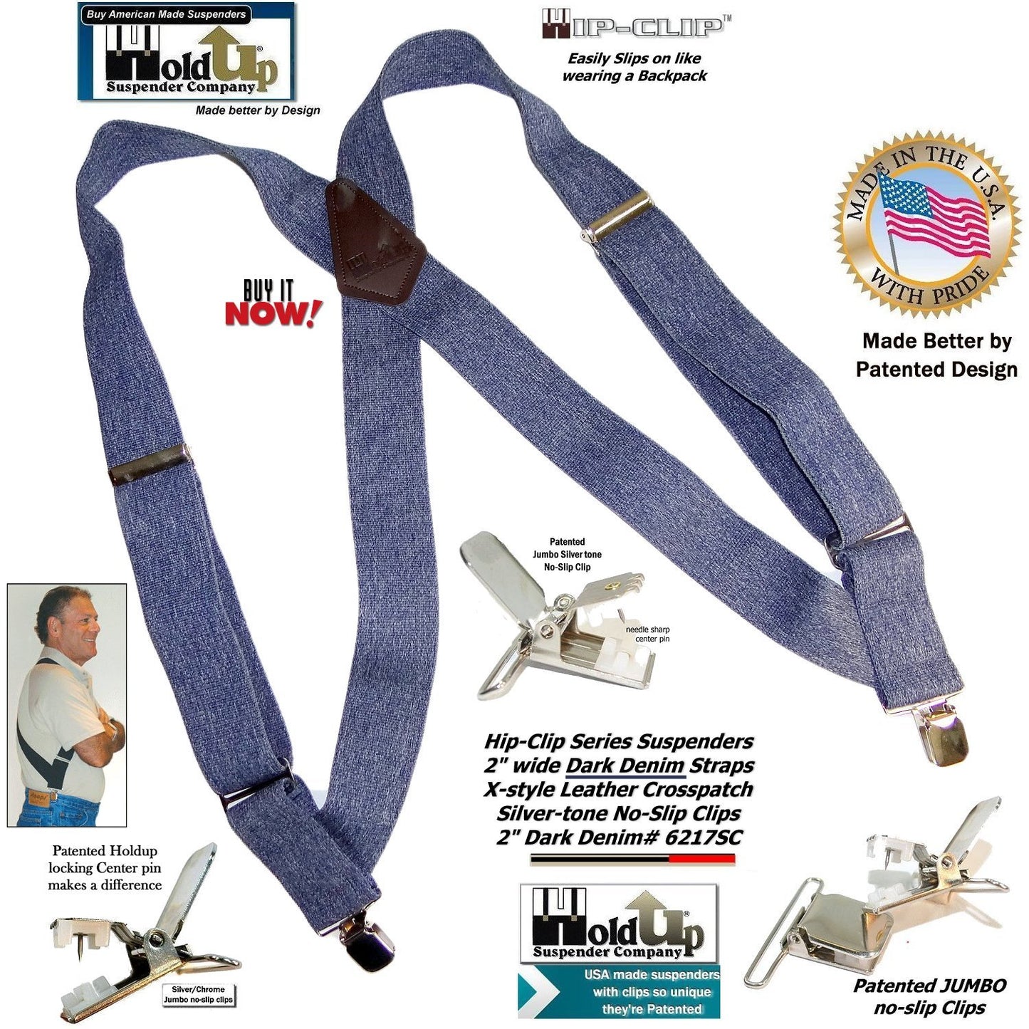 HoldUp Brand Dark Denim Trucker Style Hip-clip Suspenders with Patented Silver tone Jumbo No-slip Clips