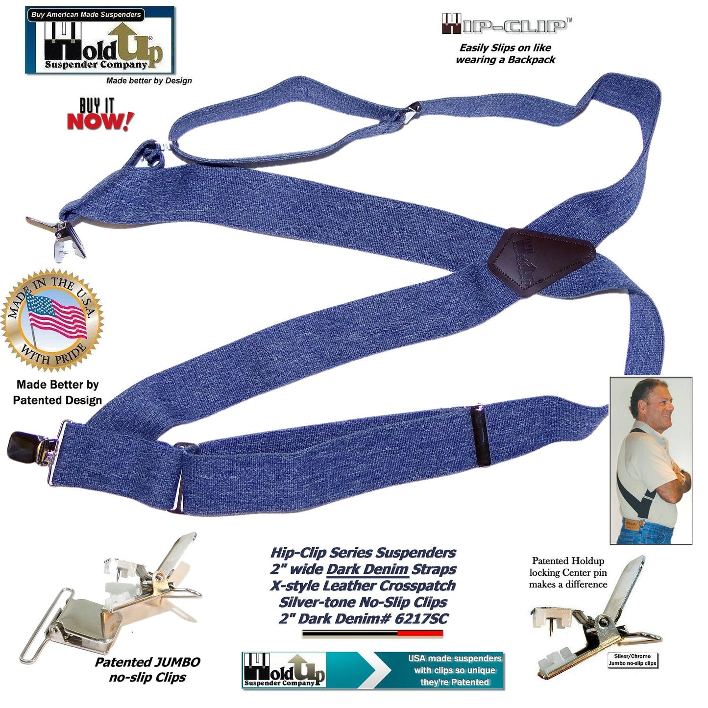 HoldUp Brand Dark Denim Trucker Style Hip-clip Suspenders with Patented Silver tone Jumbo No-slip Clips