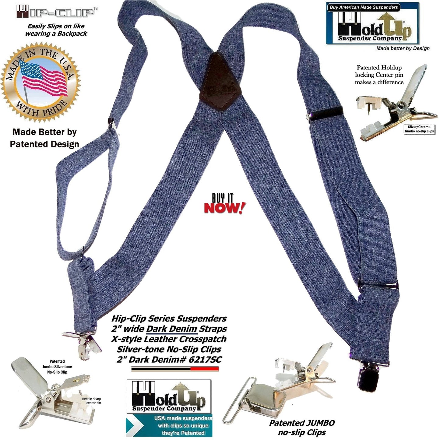 HoldUp Brand Dark Denim Trucker Style Hip-clip Suspenders with Patented Silver tone Jumbo No-slip Clips