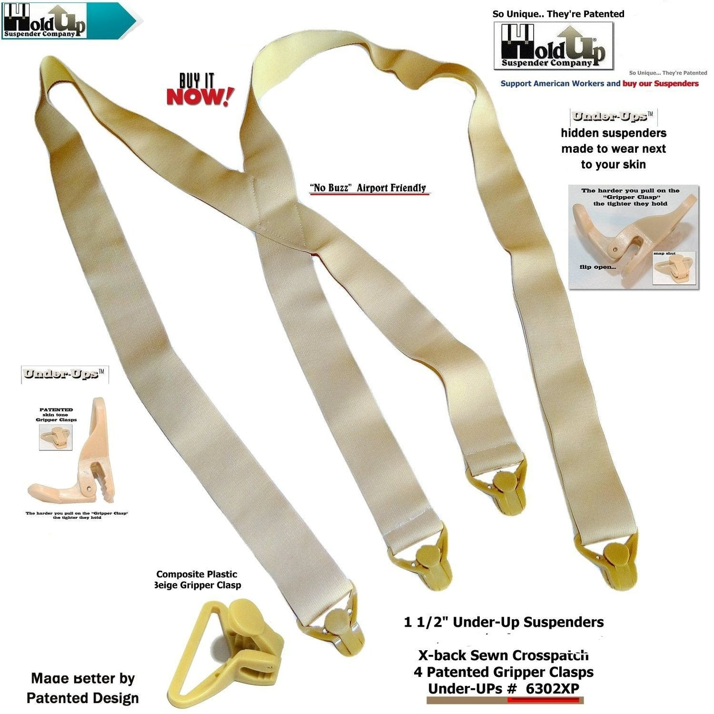 Holdup Brand Under-Up Series light tan hidden Suspenders with patented Tan Gripper Clasp