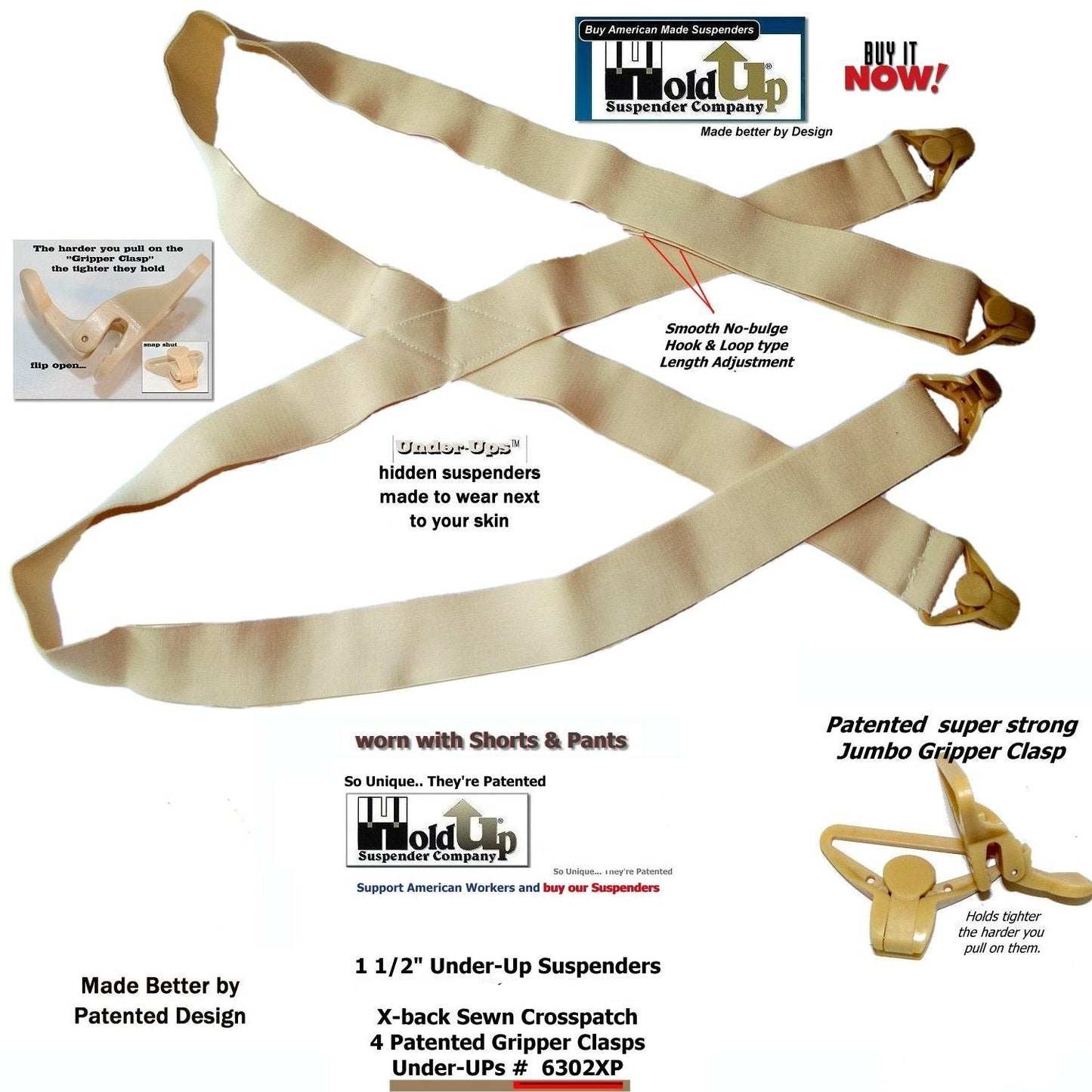 Holdup Brand Under-Up Series light tan hidden Suspenders with patented Tan Gripper Clasp