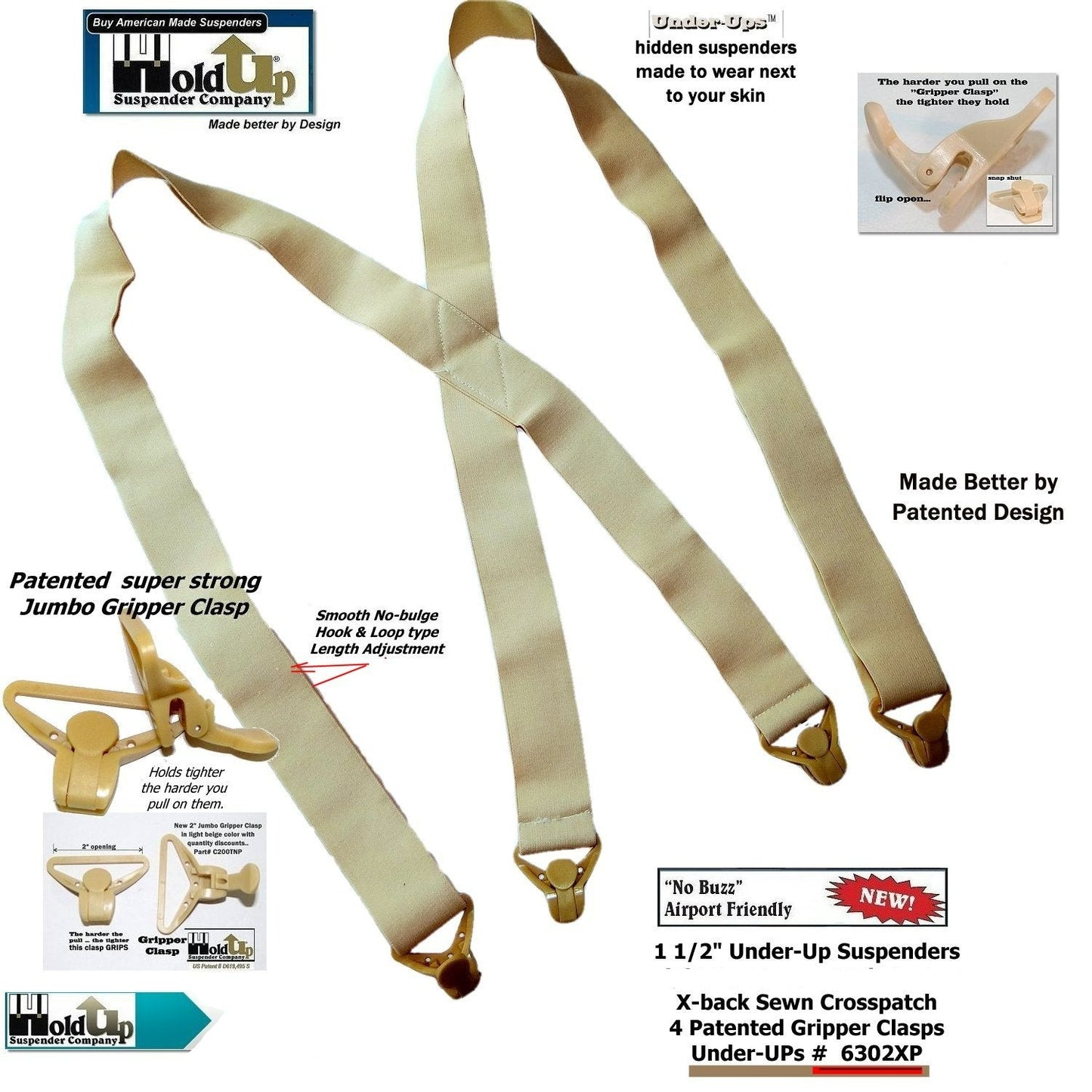 Holdup Brand Under-Up Series light tan hidden Suspenders with patented Tan Gripper Clasp