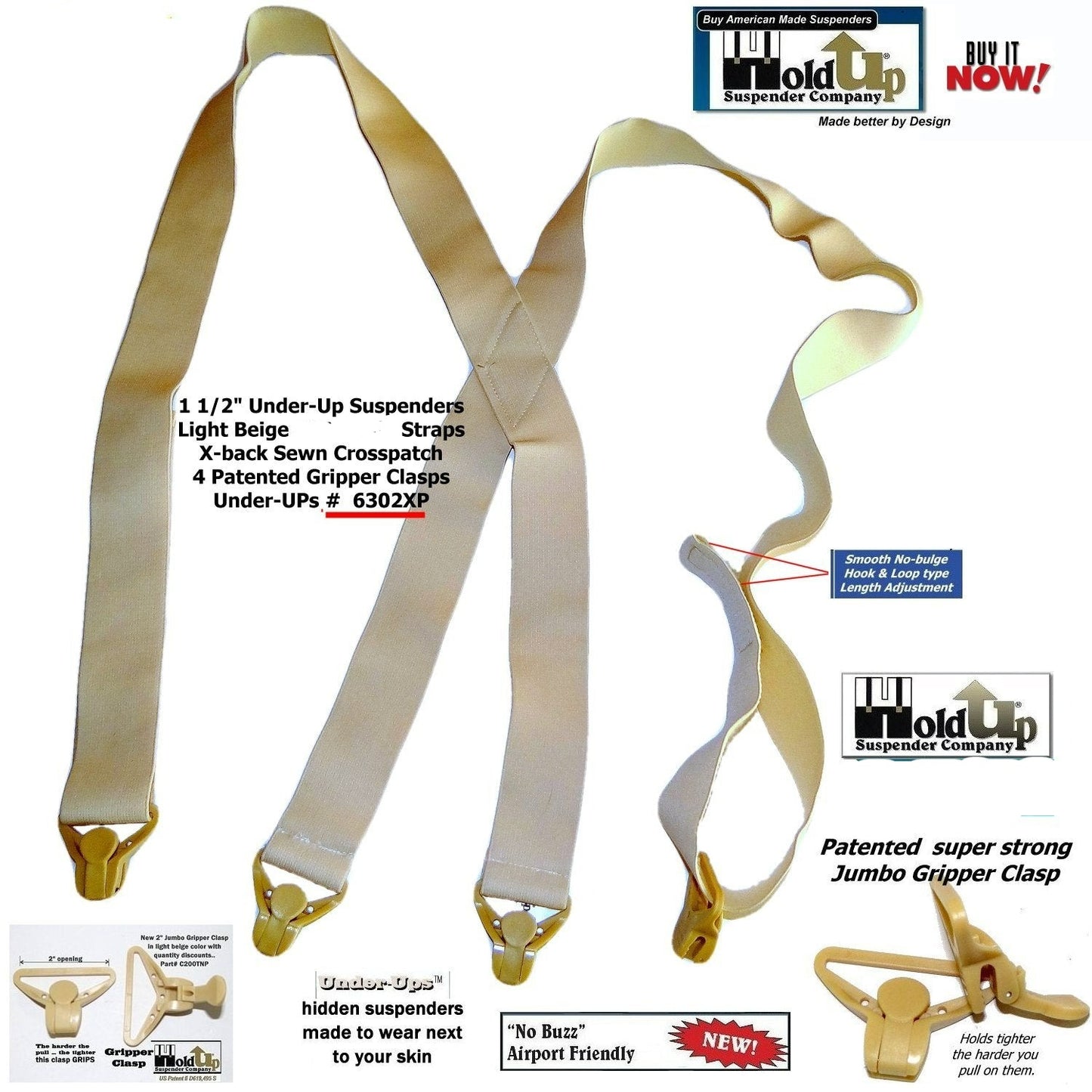 Holdup Brand Under-Up Series light tan hidden Suspenders with patented Tan Gripper Clasp