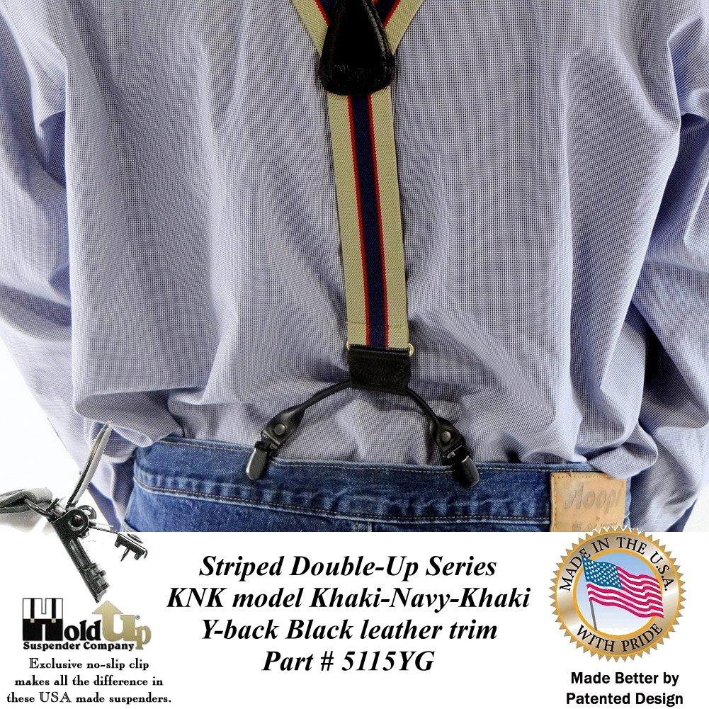 Hold-Up Brand Khaki Tan and Navy stripe pattern suspenders with 1 1/2" wide straps in Double-Up Style and patented No-slip Clips