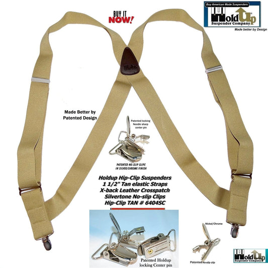 Hold-Ups Tan Trucker Style Hip-clip Series Suspenders in 1 1/2" Width and USA Patented No-slip Silver Clips