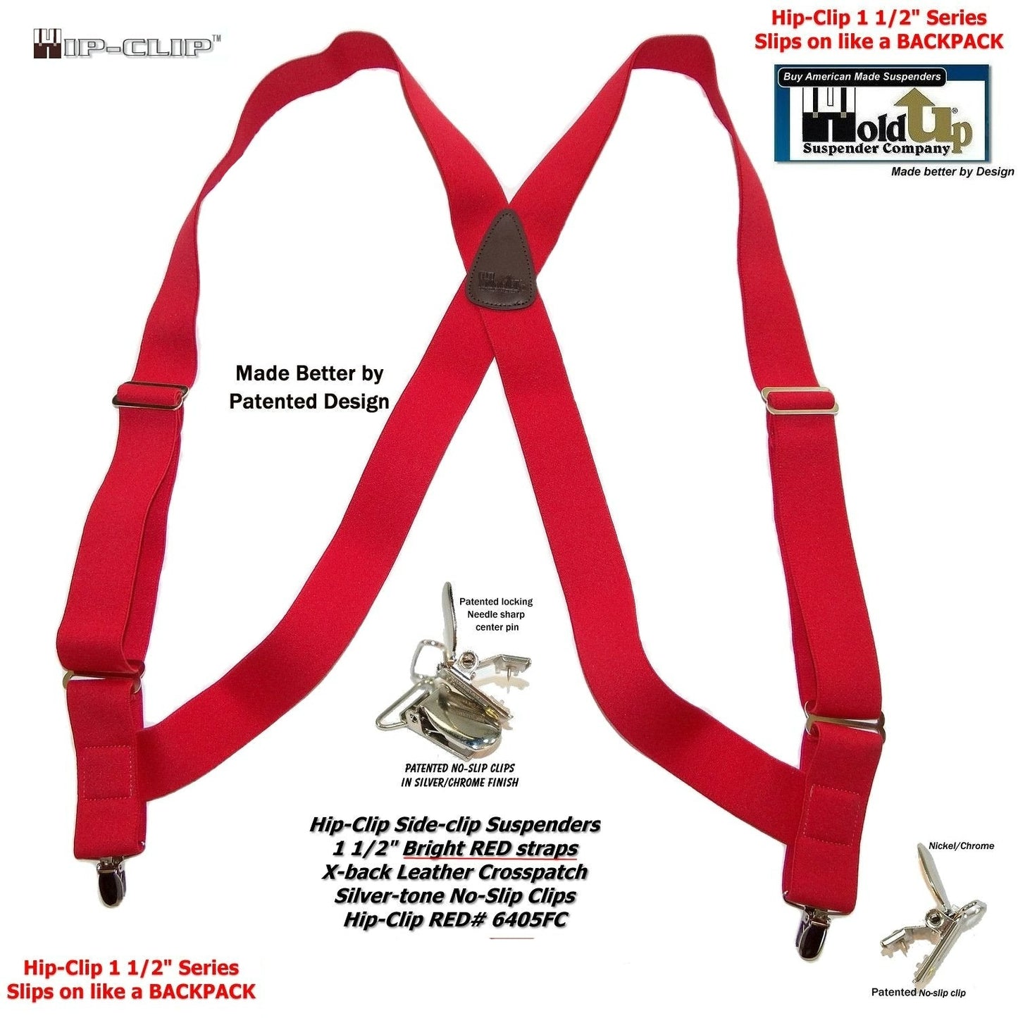 Holdup Brand Bright Red Hip-clip Series X-back Suspenders with silver no-slip clips