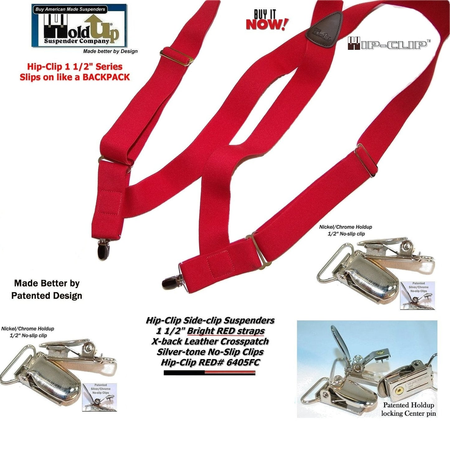 Holdup Brand Bright Red Hip-clip Series X-back Suspenders with silver no-slip clips