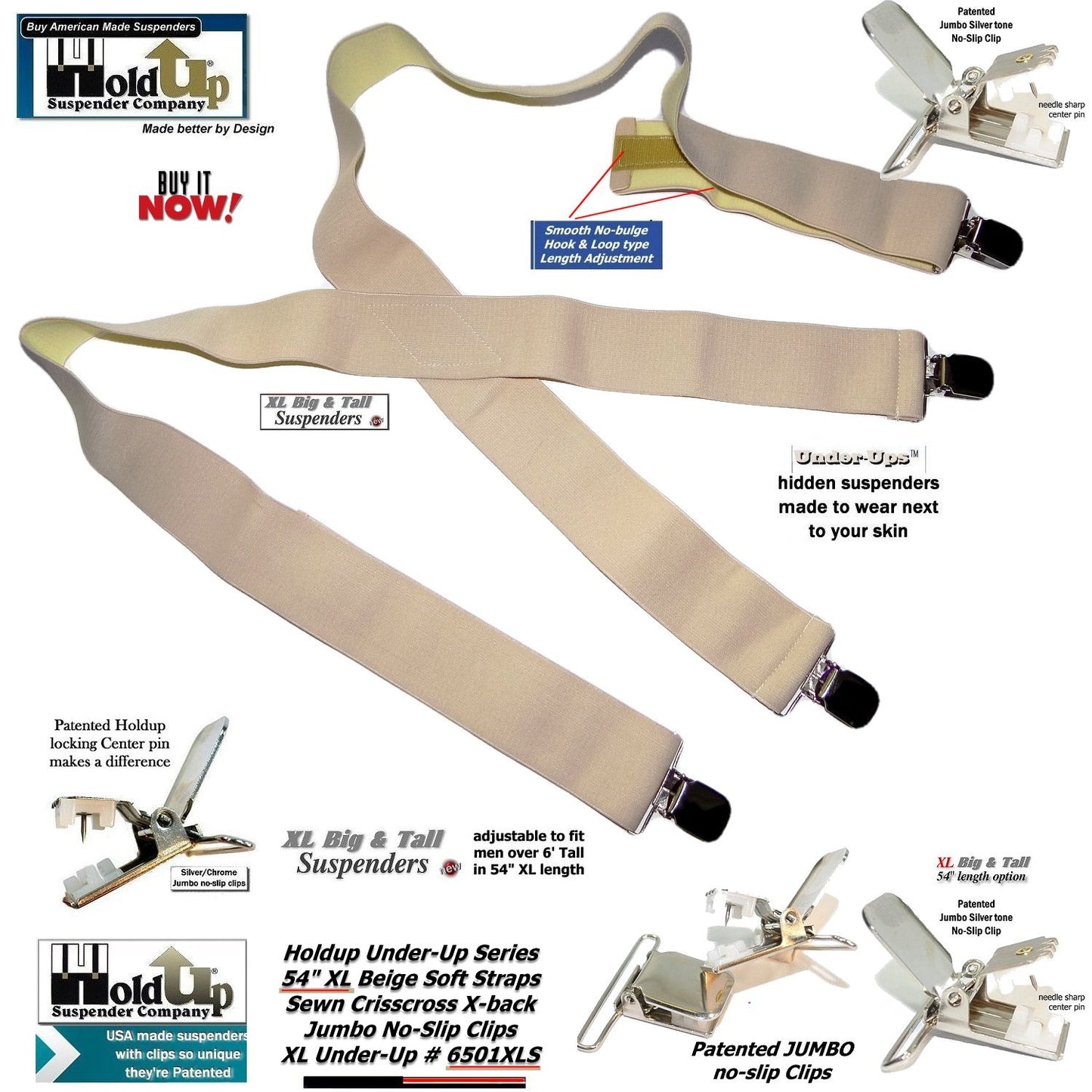 HoldUp beige Undergarment XL Hidden X-back Suspenders with Patented Silver No-slip Clips