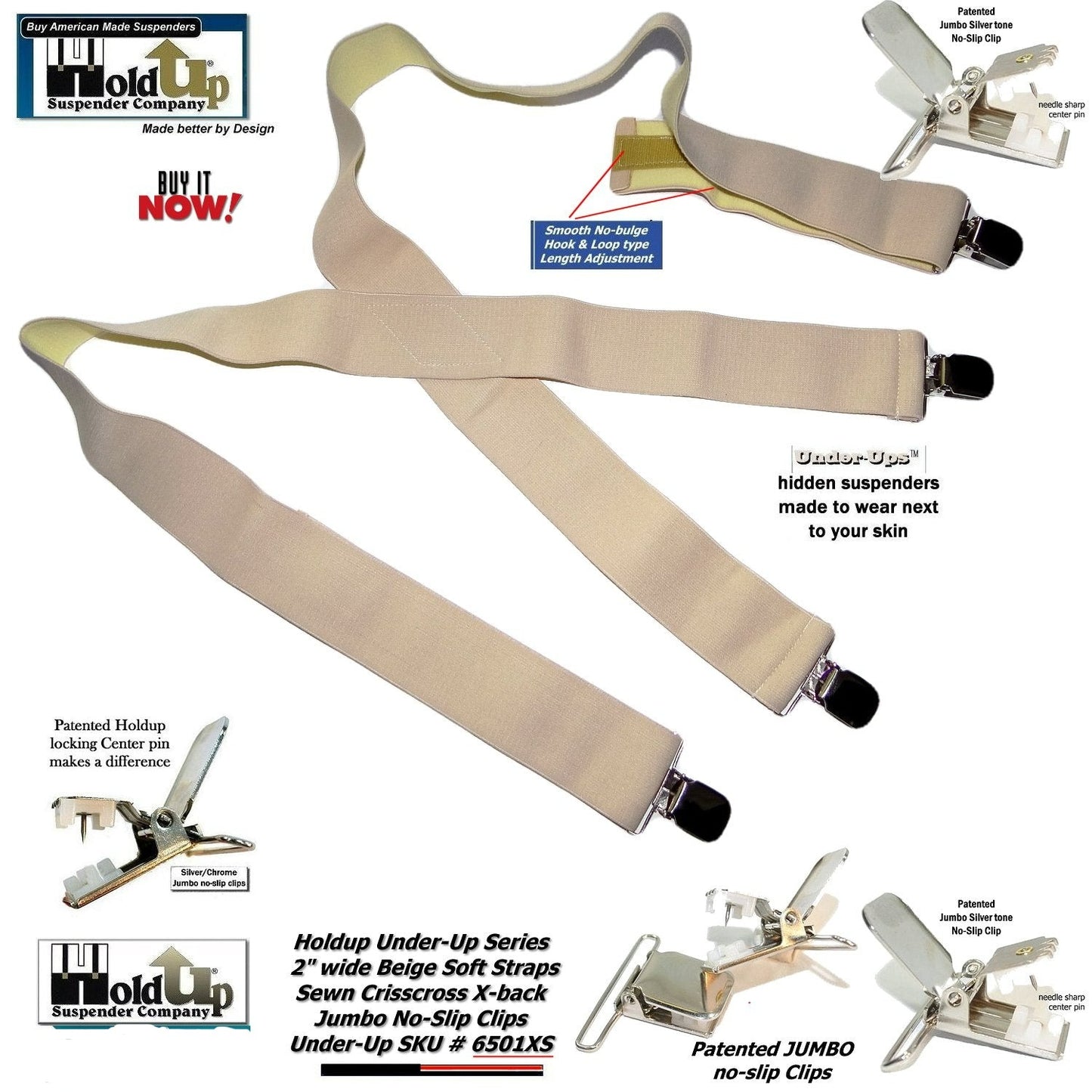 Holdup 2" Wide Undergarment Hidden Light Beige X-back Suspenders with USA Patented No-slip Silver Clips