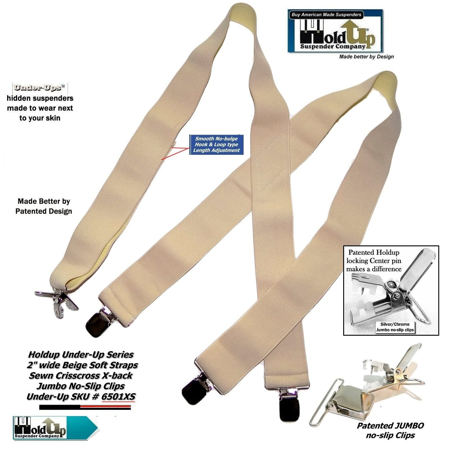 Holdup 2" Wide Undergarment Hidden Light Beige X-back Suspenders with USA Patented No-slip Silver Clips