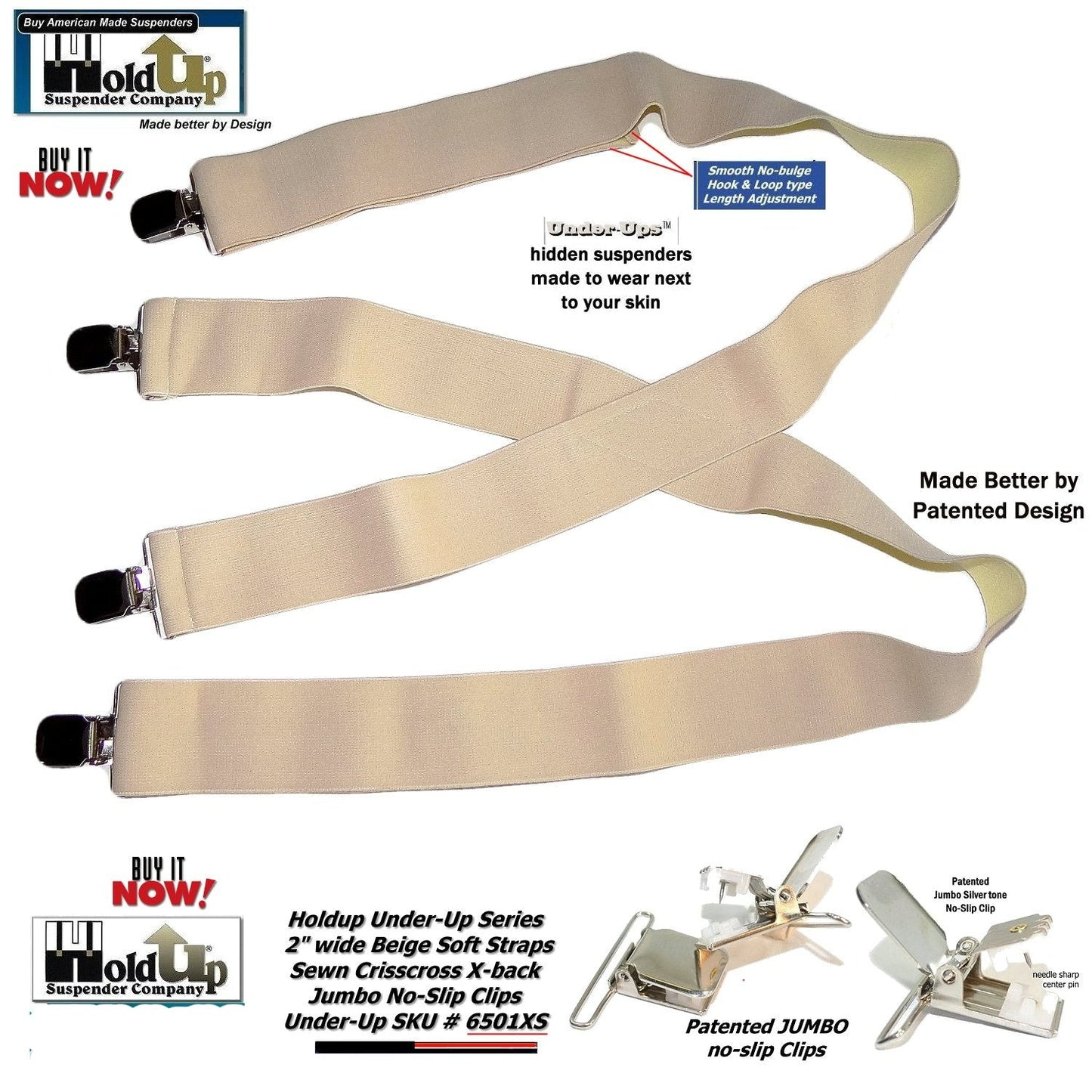 Holdup 2" Wide Undergarment Hidden Light Beige X-back Suspenders with USA Patented No-slip Silver Clips