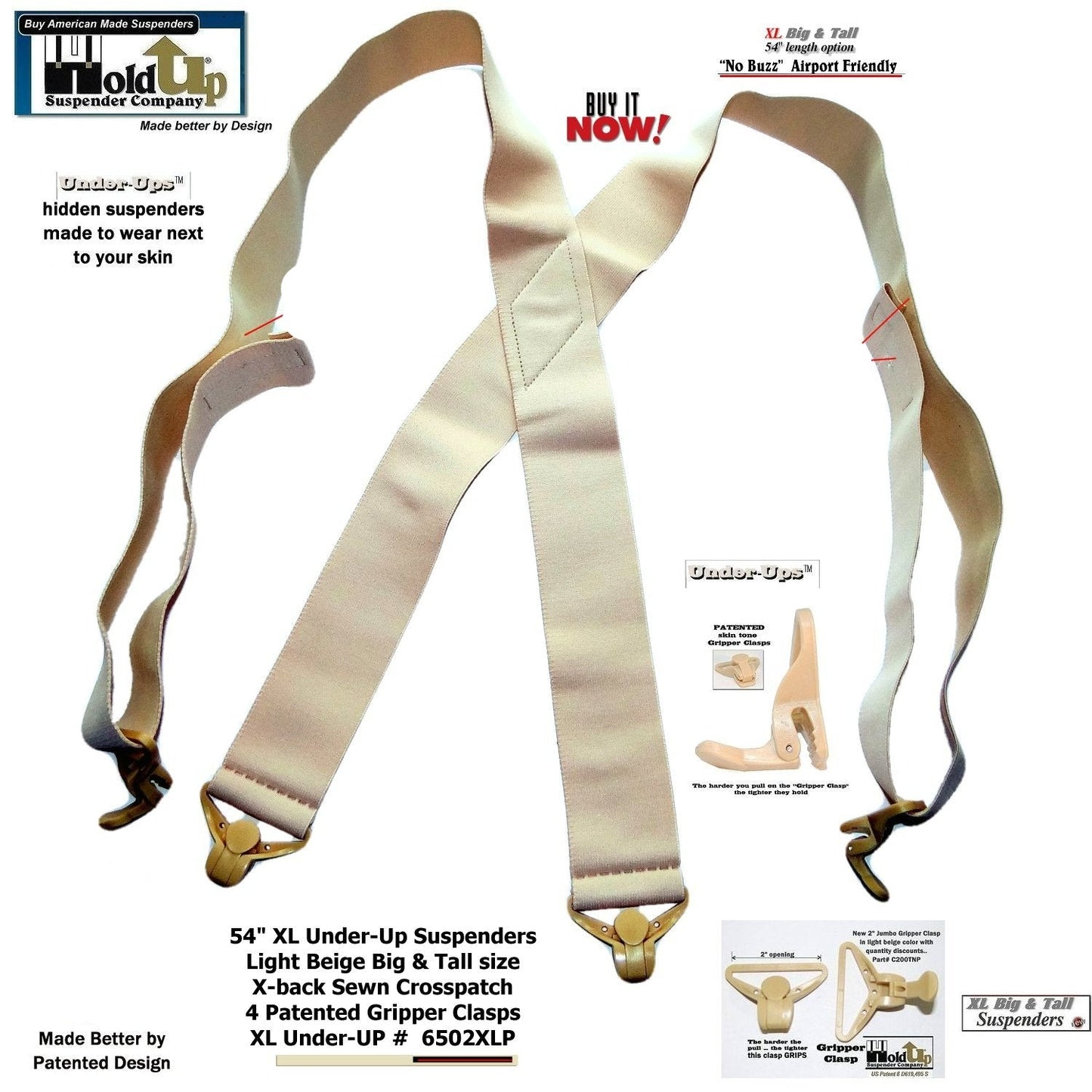 HoldUps Under-Up Series Tan Suspenders with USA Patented Jumbo Gripper Clasps