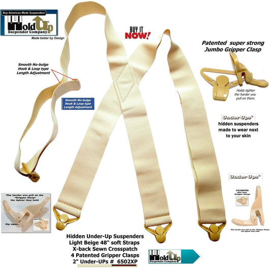 HoldUps Under-Up Series Tan Suspenders with USA Patented Jumbo Gripper Clasps