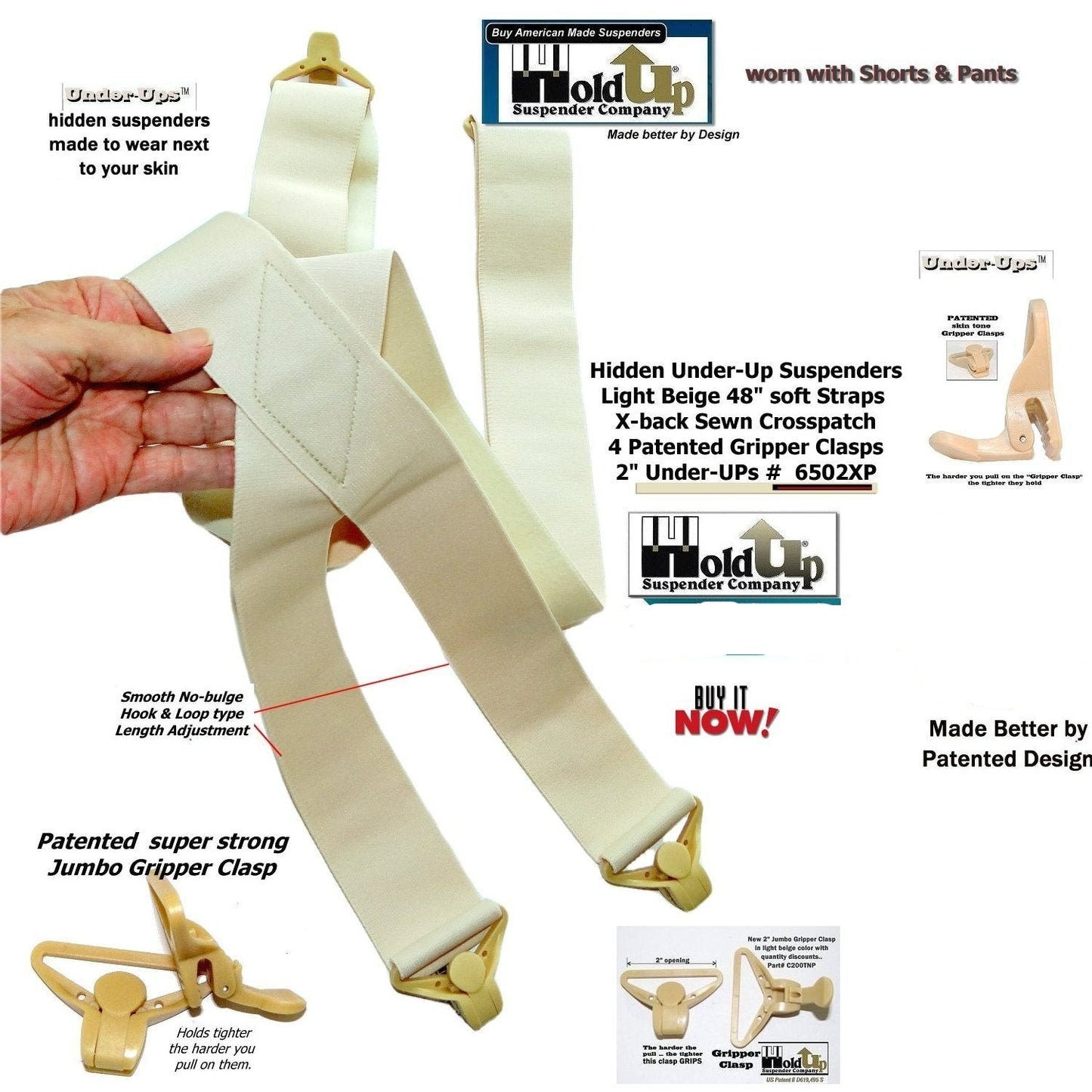 HoldUps Under-Up Series Tan Suspenders with USA Patented Jumbo Gripper Clasps