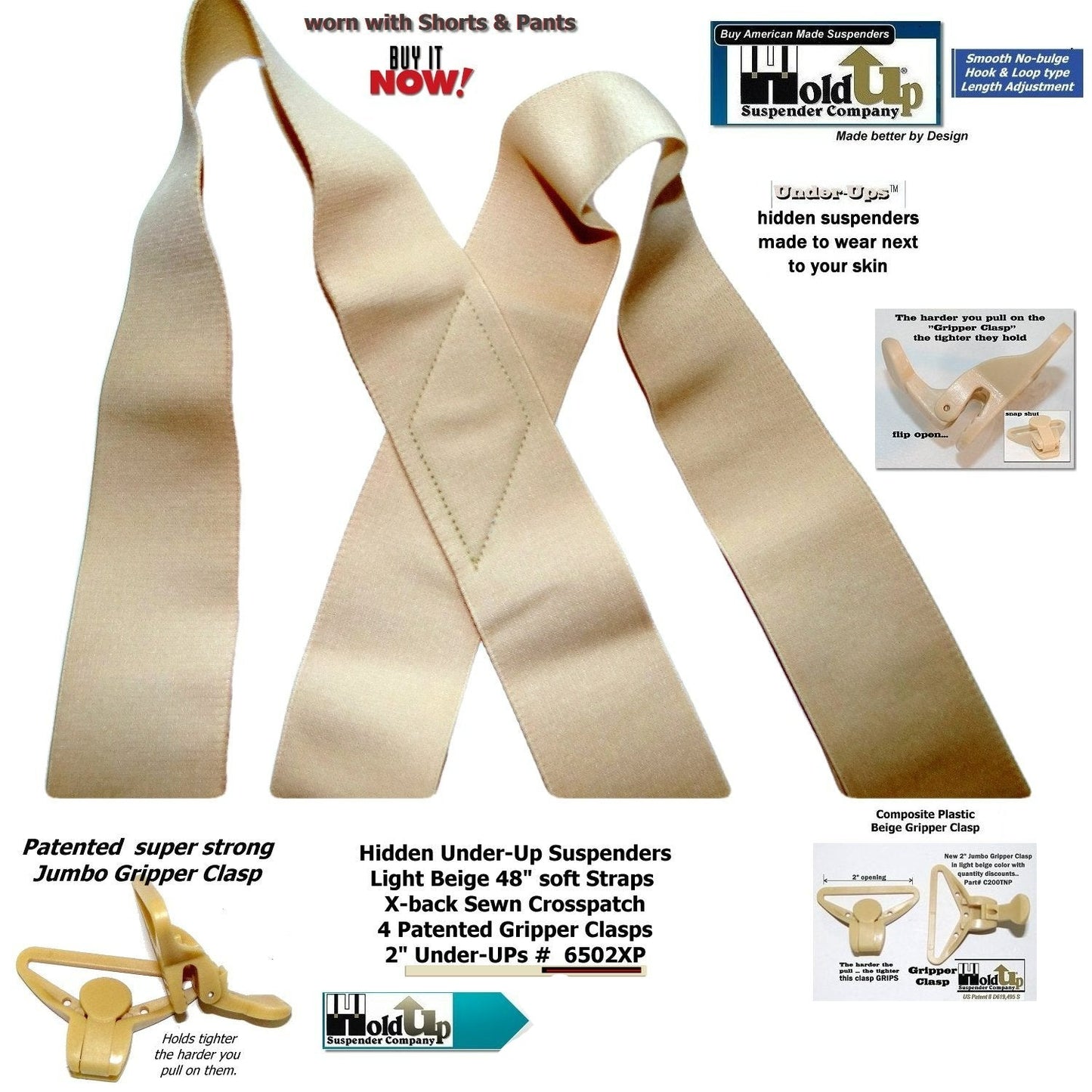 HoldUps Under-Up Series Tan Suspenders with USA Patented Jumbo Gripper Clasps