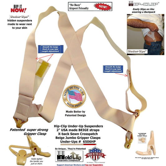 HoldUp Brand 2" Wide Tan Under Up Suspenders With Patented Jumbo Gripper Clasp