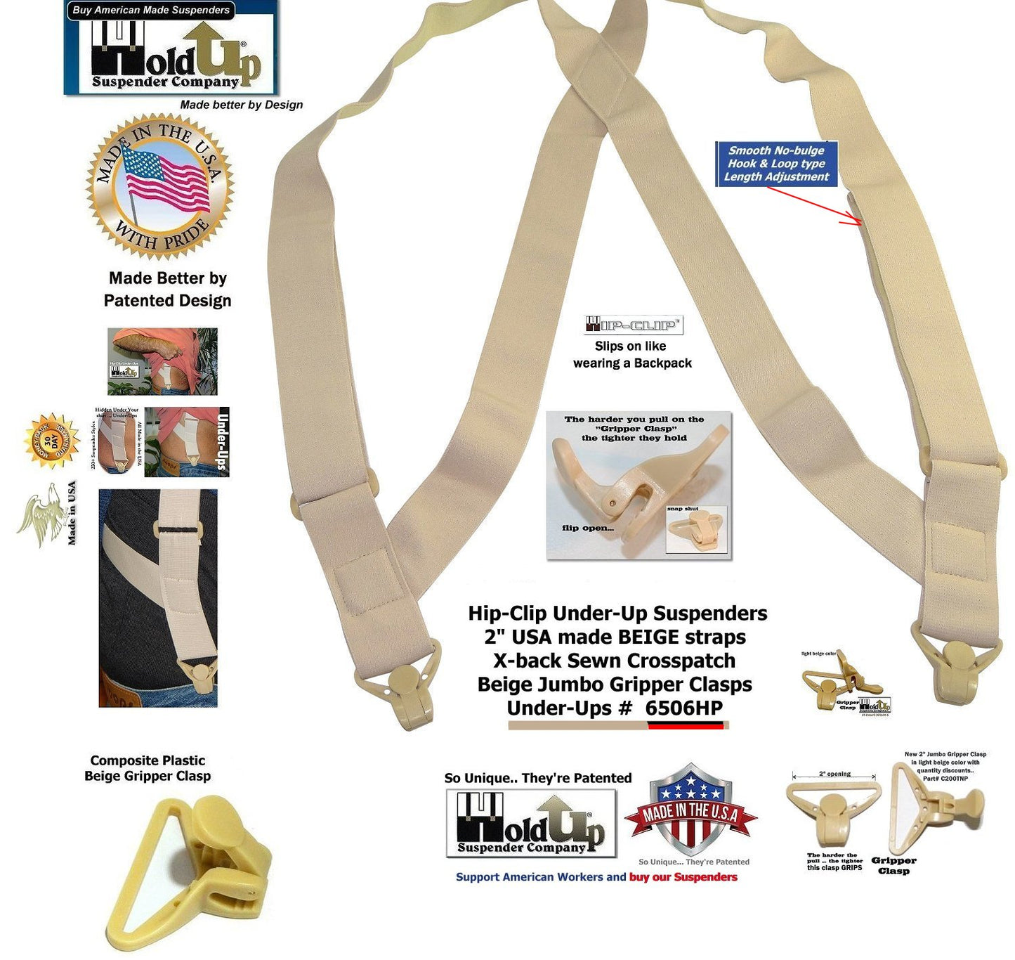 HoldUp Brand 2" Wide Tan Under Up Suspenders With Patented Jumbo Gripper Clasp