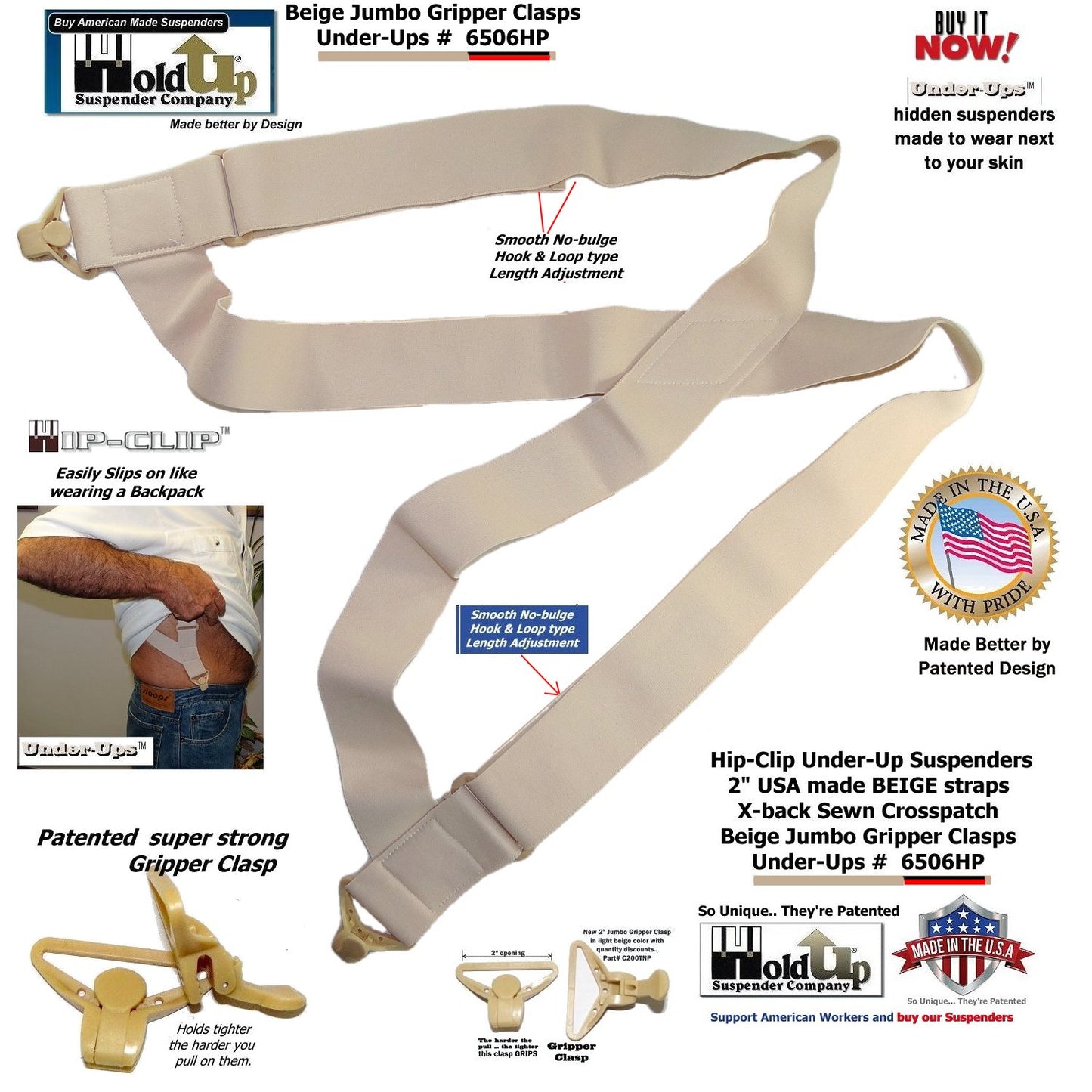 HoldUp Brand 2" Wide Tan Under Up Suspenders With Patented Jumbo Gripper Clasp