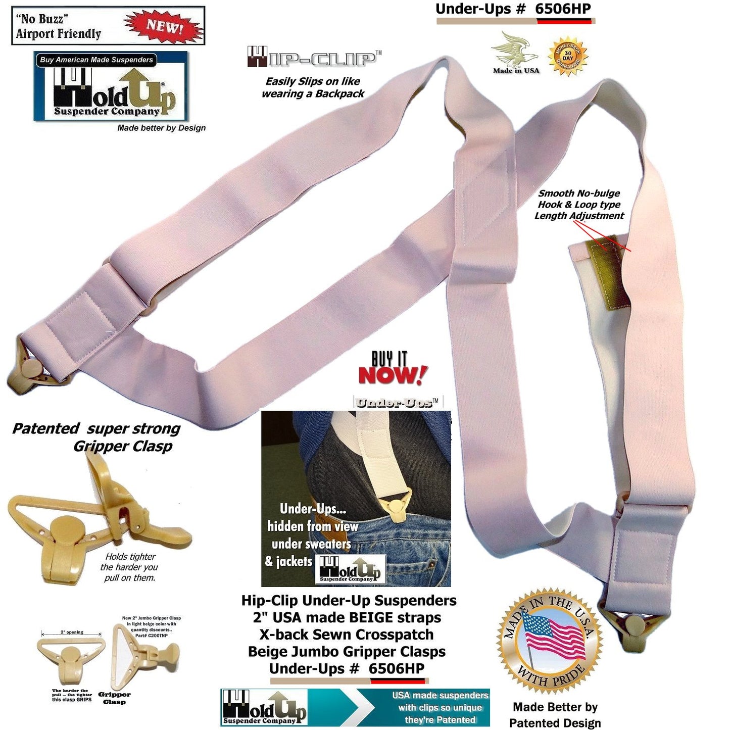 HoldUp Brand 2" Wide Tan Under Up Suspenders With Patented Jumbo Gripper Clasp