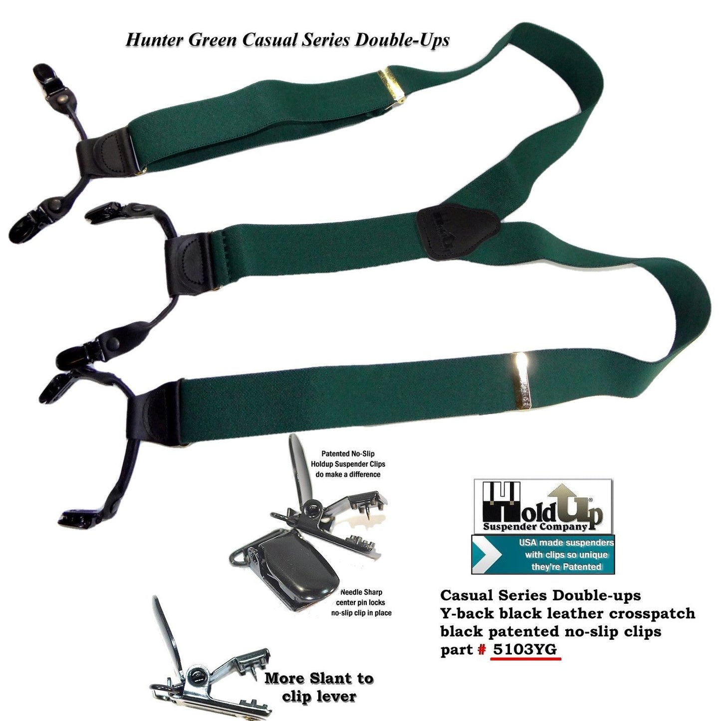 Holdup Brand Dark Hunter Green Dual Clip Double-Up Style Suspenders with Y-Back crosspatch and Patented no-slip clips