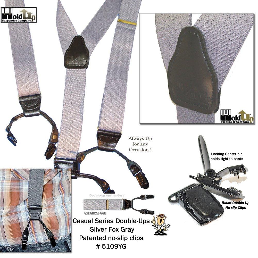 Holdup Brand Silver Fox Grey Dual-clip Double-ups Style Suspenders 1 1/2" wide with Patented No-slip Clips