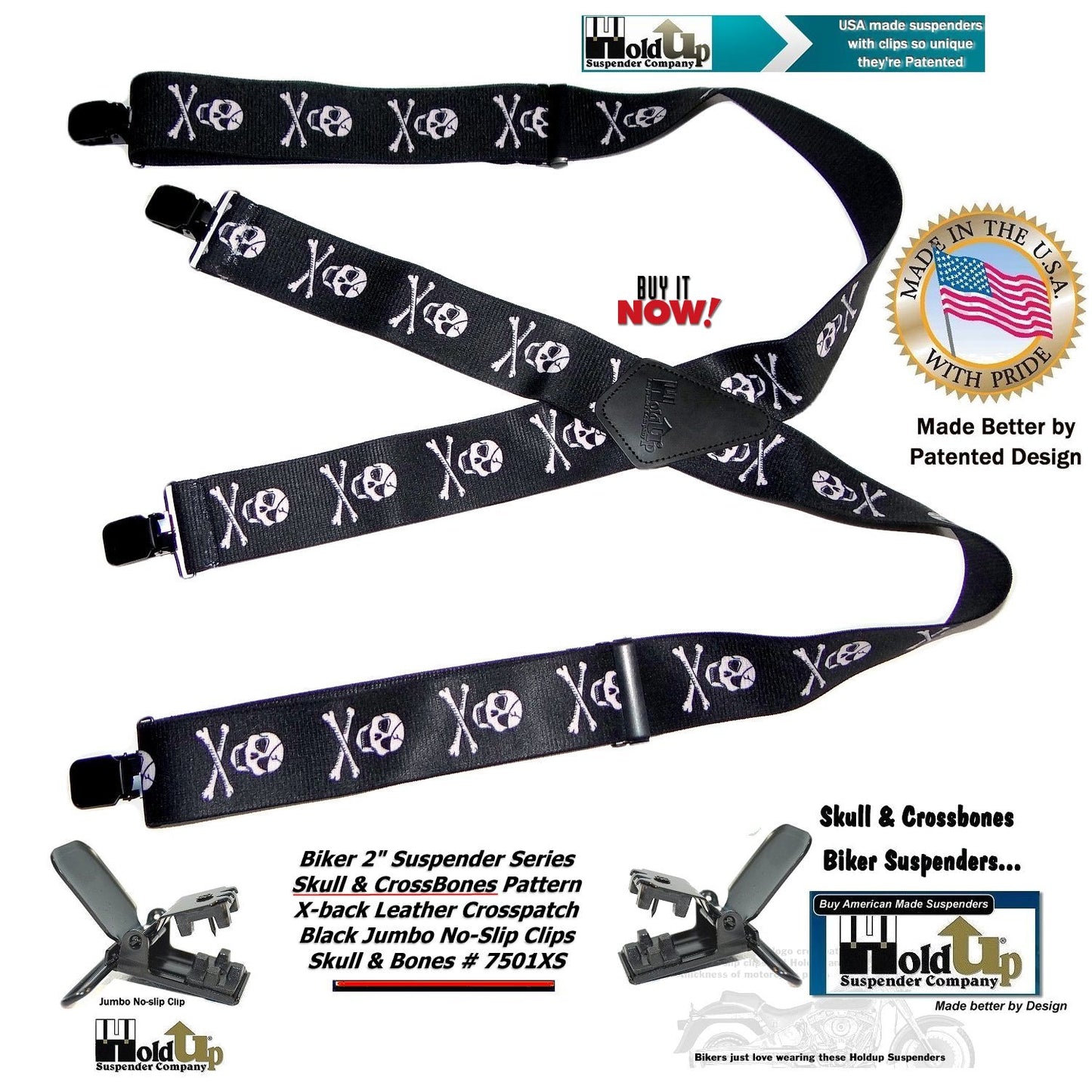 Holdup Brand USA made 2" wide Biker Skull & Crossbones pattern X-back suspenders with Jumbo no-slip clips