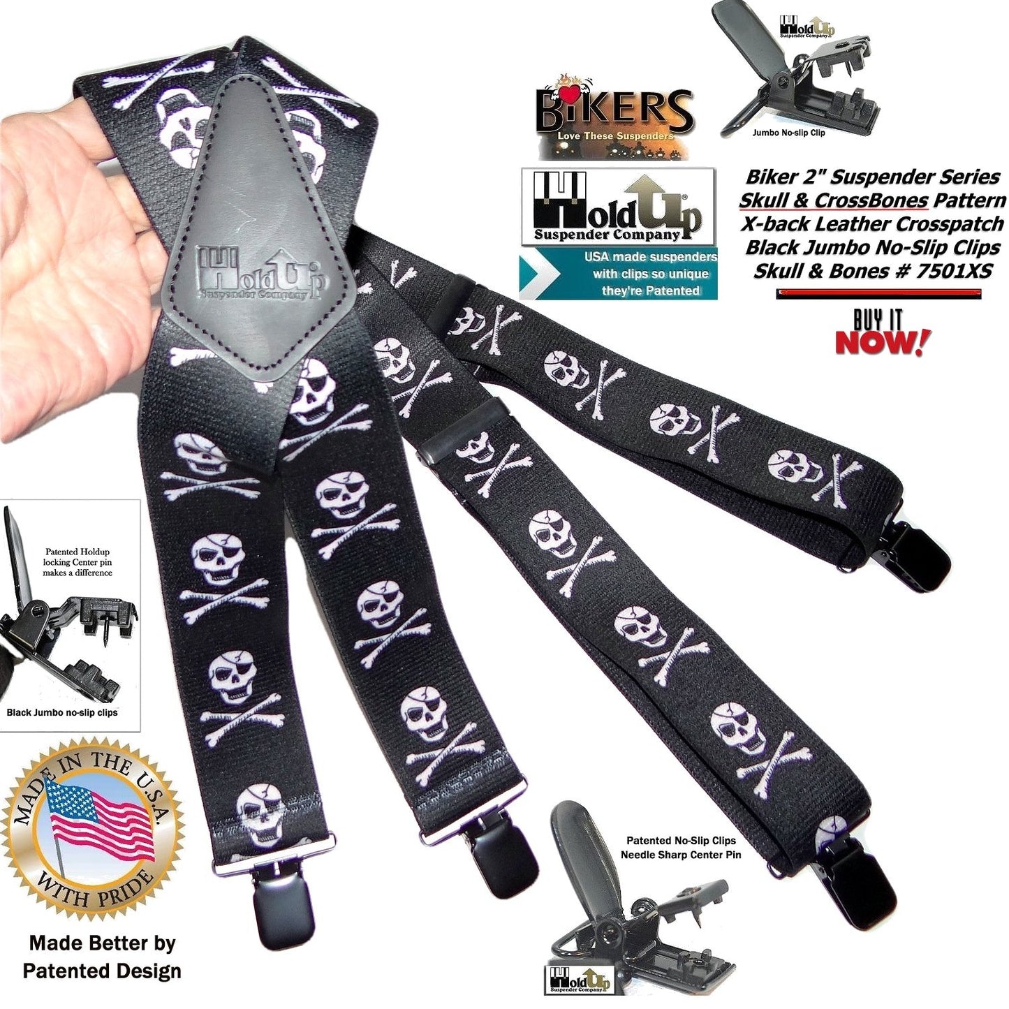 Holdup Brand USA made 2" wide Biker Skull & Crossbones pattern X-back suspenders with Jumbo no-slip clips