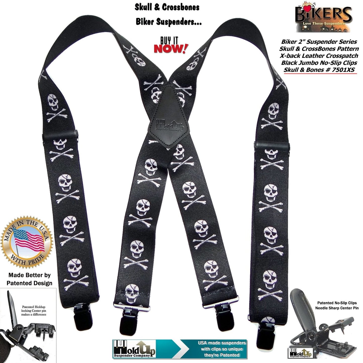 Holdup Brand USA made 2" wide Biker Skull & Crossbones pattern X-back suspenders with Jumbo no-slip clips