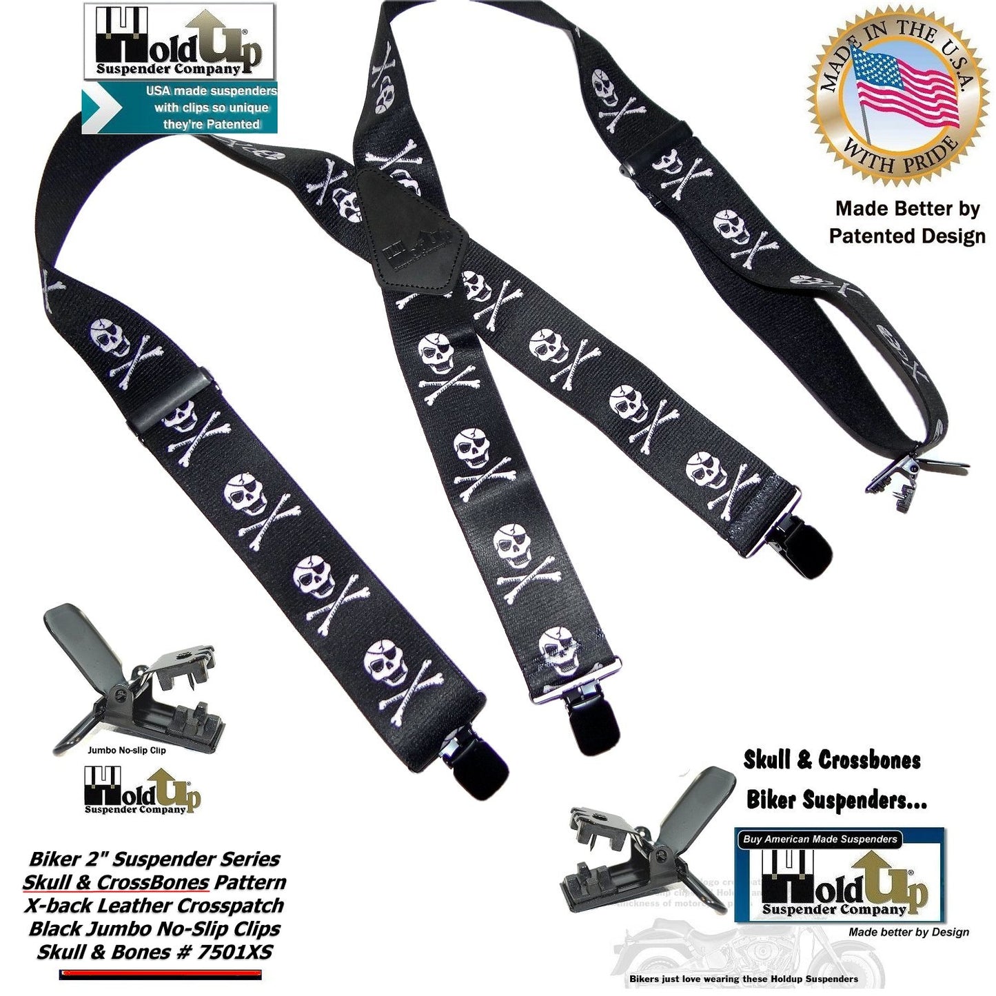 Holdup Brand USA made 2" wide Biker Skull & Crossbones pattern X-back suspenders with Jumbo no-slip clips