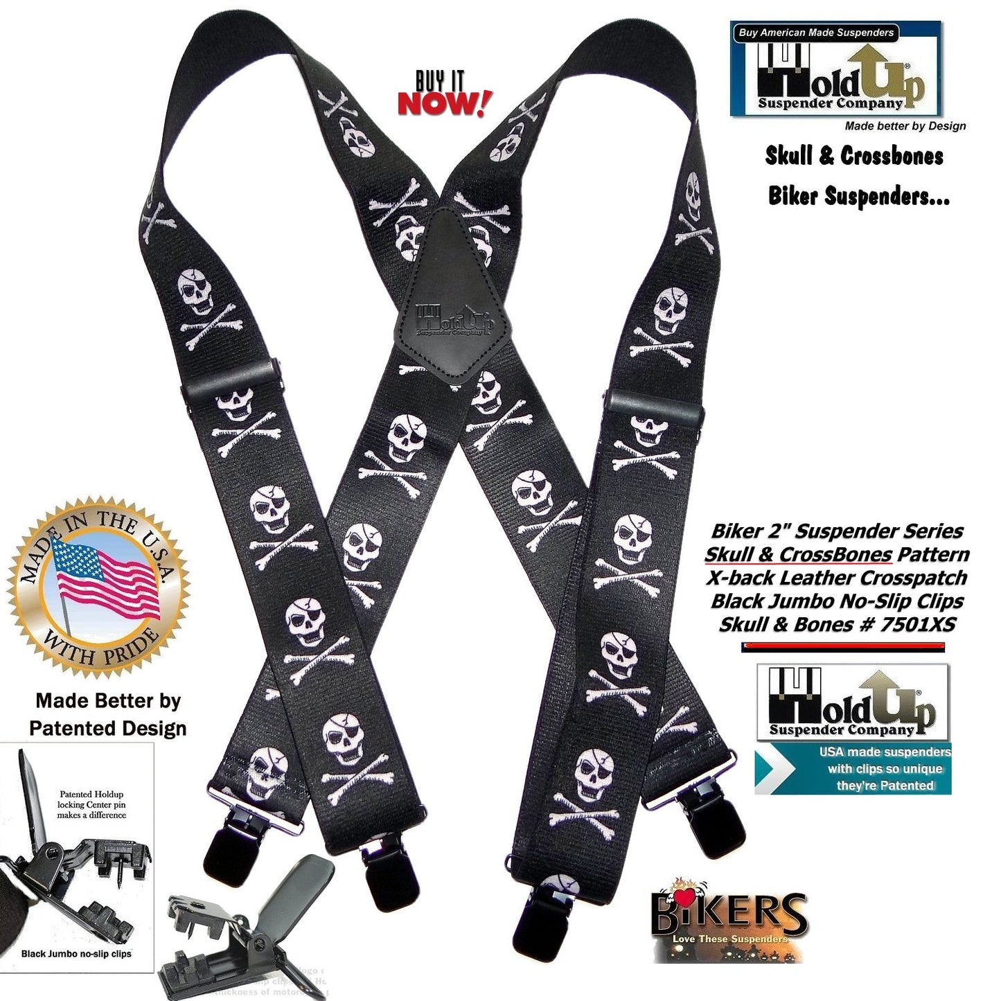 Holdup Brand USA made 2" wide Biker Skull & Crossbones pattern X-back suspenders with Jumbo no-slip clips