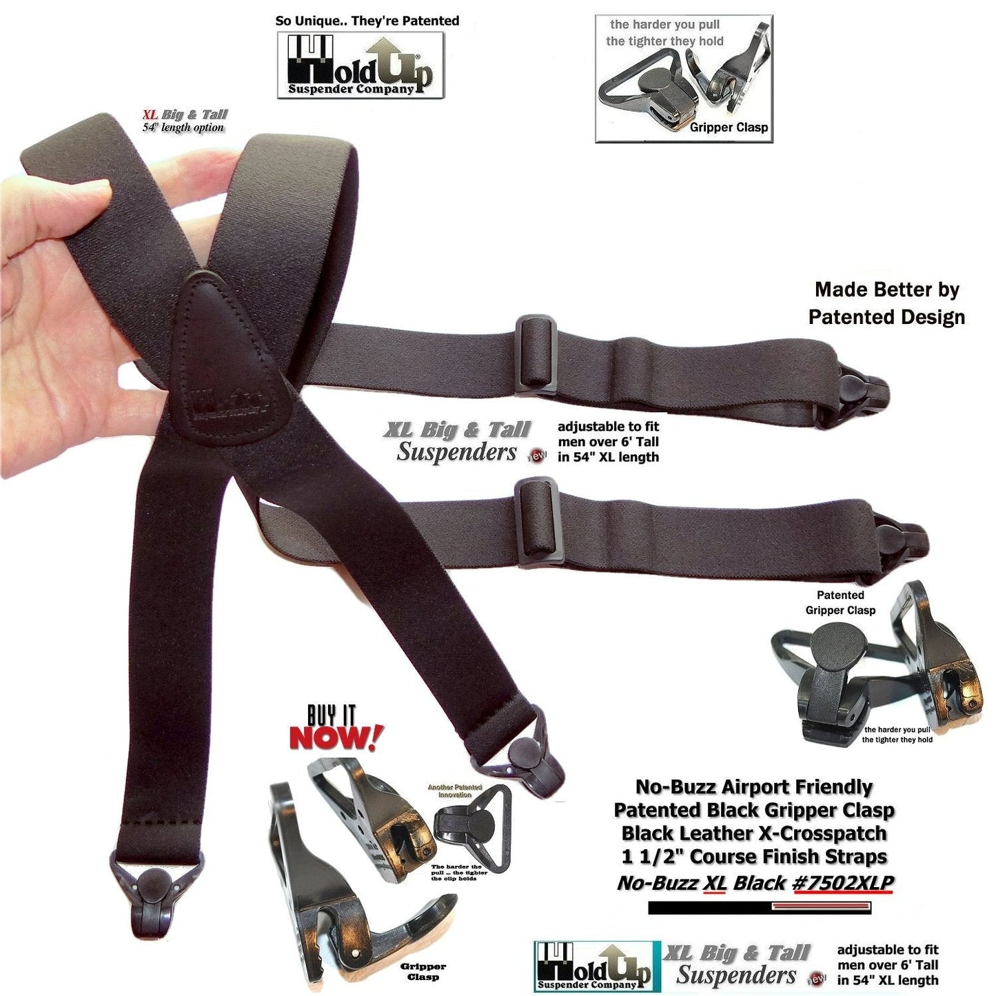 HoldUp XL No-buzz Black Airport Friendly X-back Style Suspenders with USA Patented Gripper Clasps