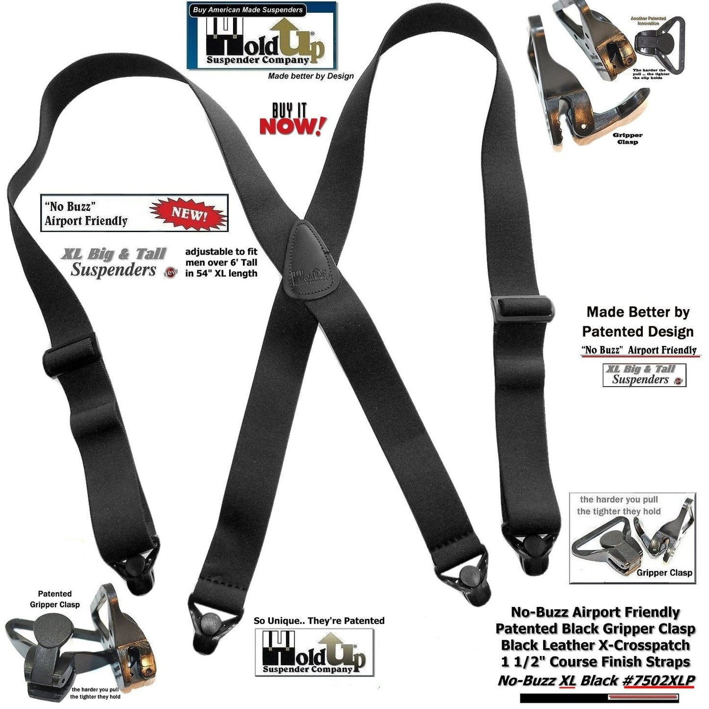 HoldUp XL No-buzz Black Airport Friendly X-back Style Suspenders with USA Patented Gripper Clasps