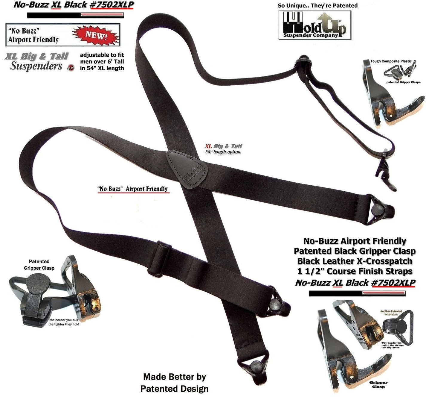 HoldUp XL No-buzz Black Airport Friendly X-back Style Suspenders with USA Patented Gripper Clasps