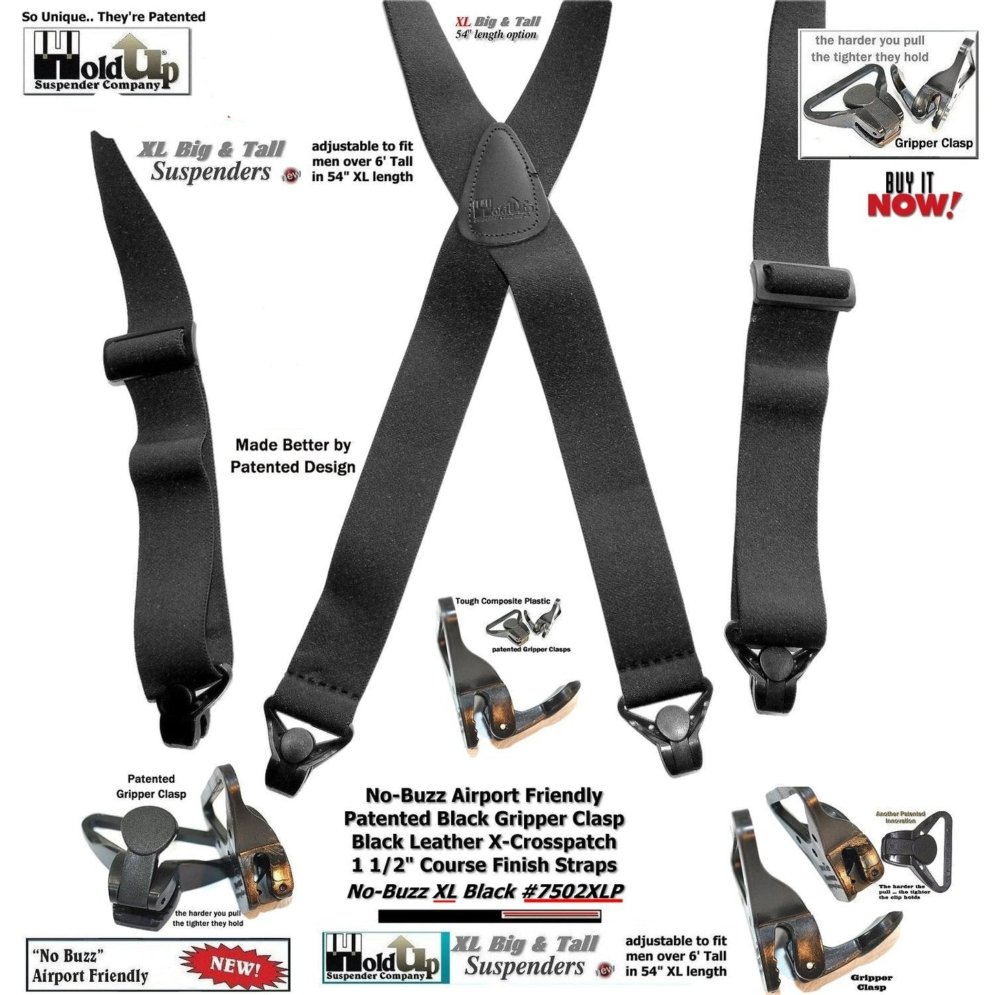 HoldUp XL No-buzz Black Airport Friendly X-back Style Suspenders with USA Patented Gripper Clasps