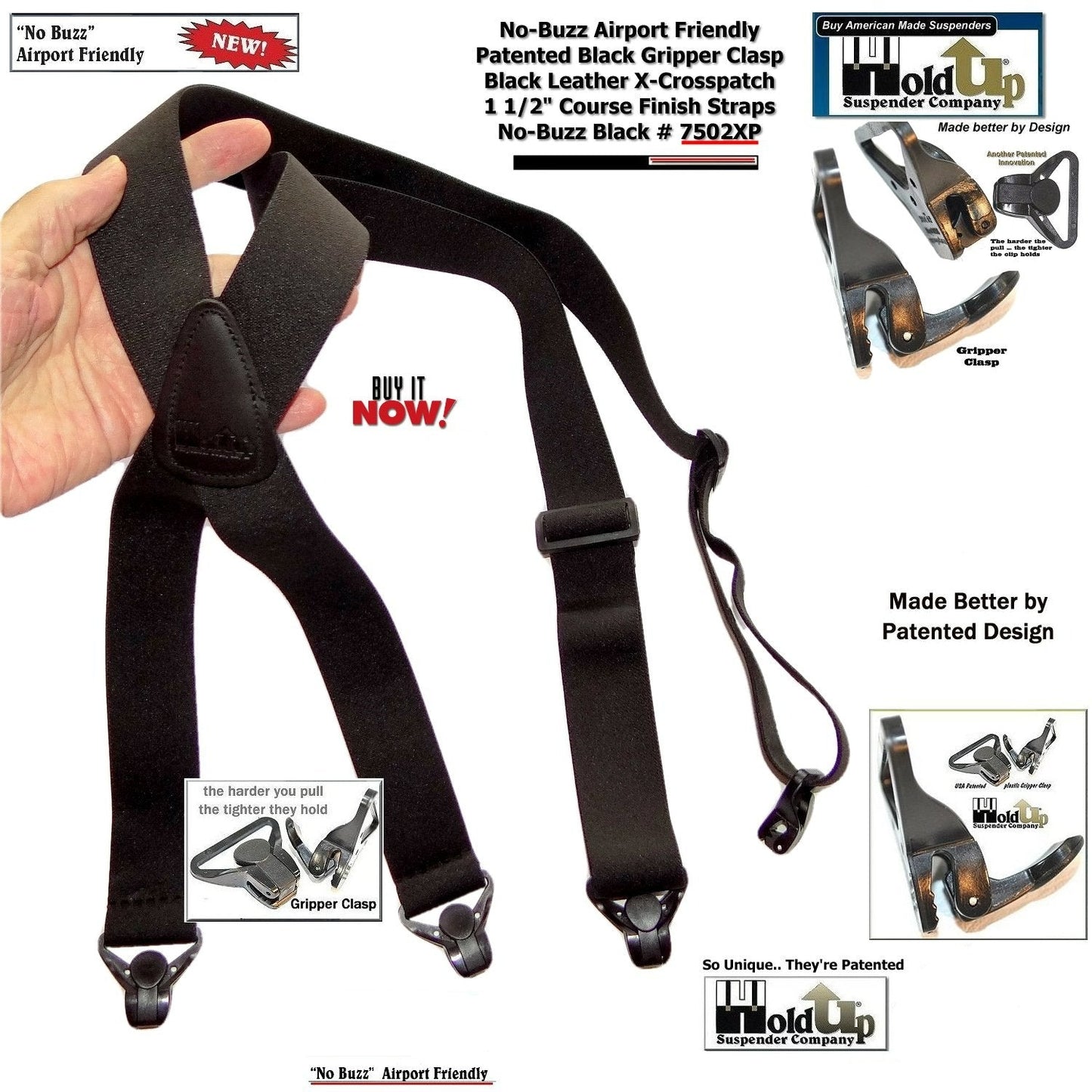 Holdup Brand No-buzz Airport Friendly Black X-Back 1 1/2" Wide Suspenders with composite plastic strong Patented Gripper Clasps