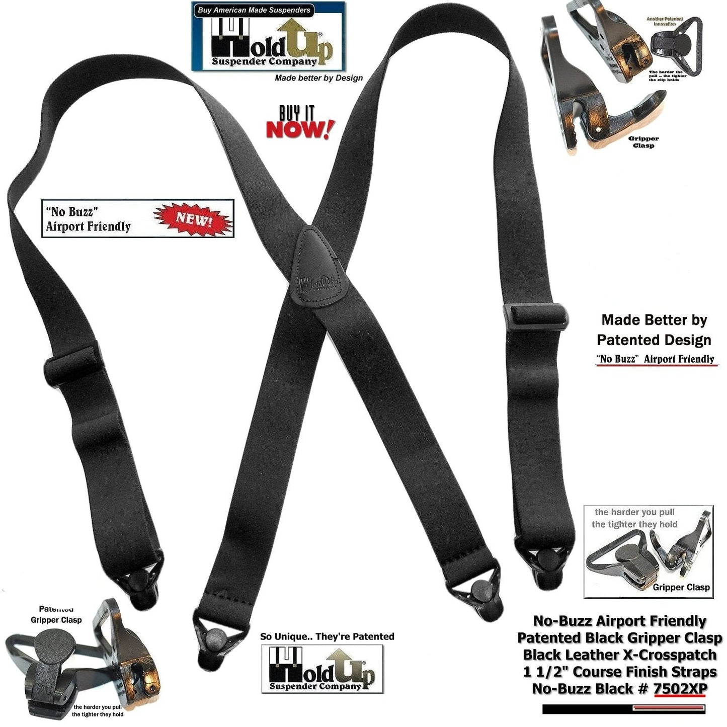 Holdup Brand No-buzz Airport Friendly Black X-Back 1 1/2" Wide Suspenders with composite plastic strong Patented Gripper Clasps