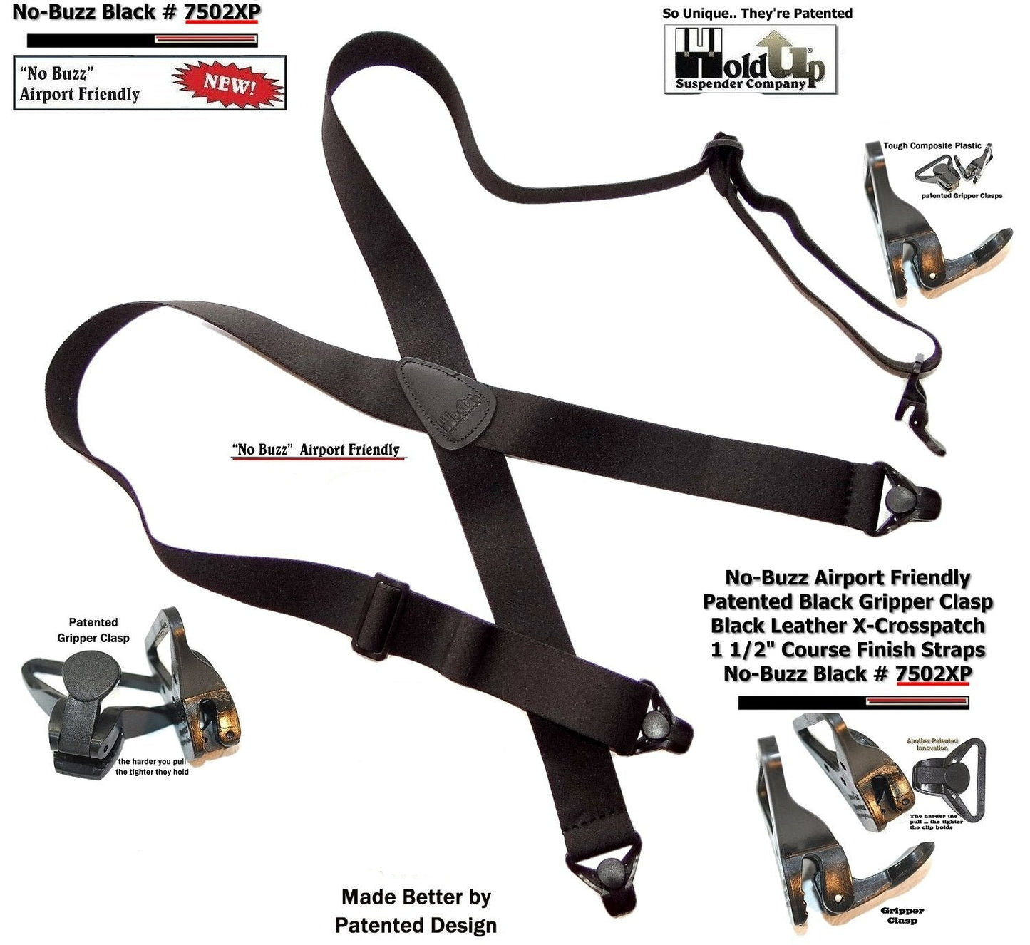 Holdup Brand No-buzz Airport Friendly Black X-Back 1 1/2" Wide Suspenders with composite plastic strong Patented Gripper Clasps